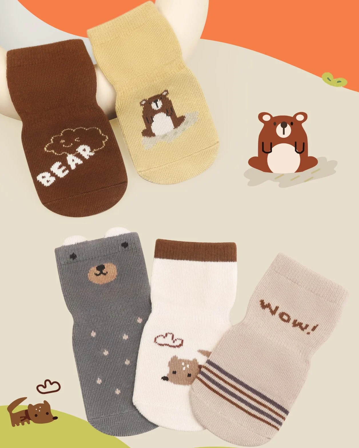Kyopp 5/10 par skarpetek niemowlęcych ABS antypoślizgowe skarpety z motywami zwierzęcymi stoperami bawełna Crew Socks