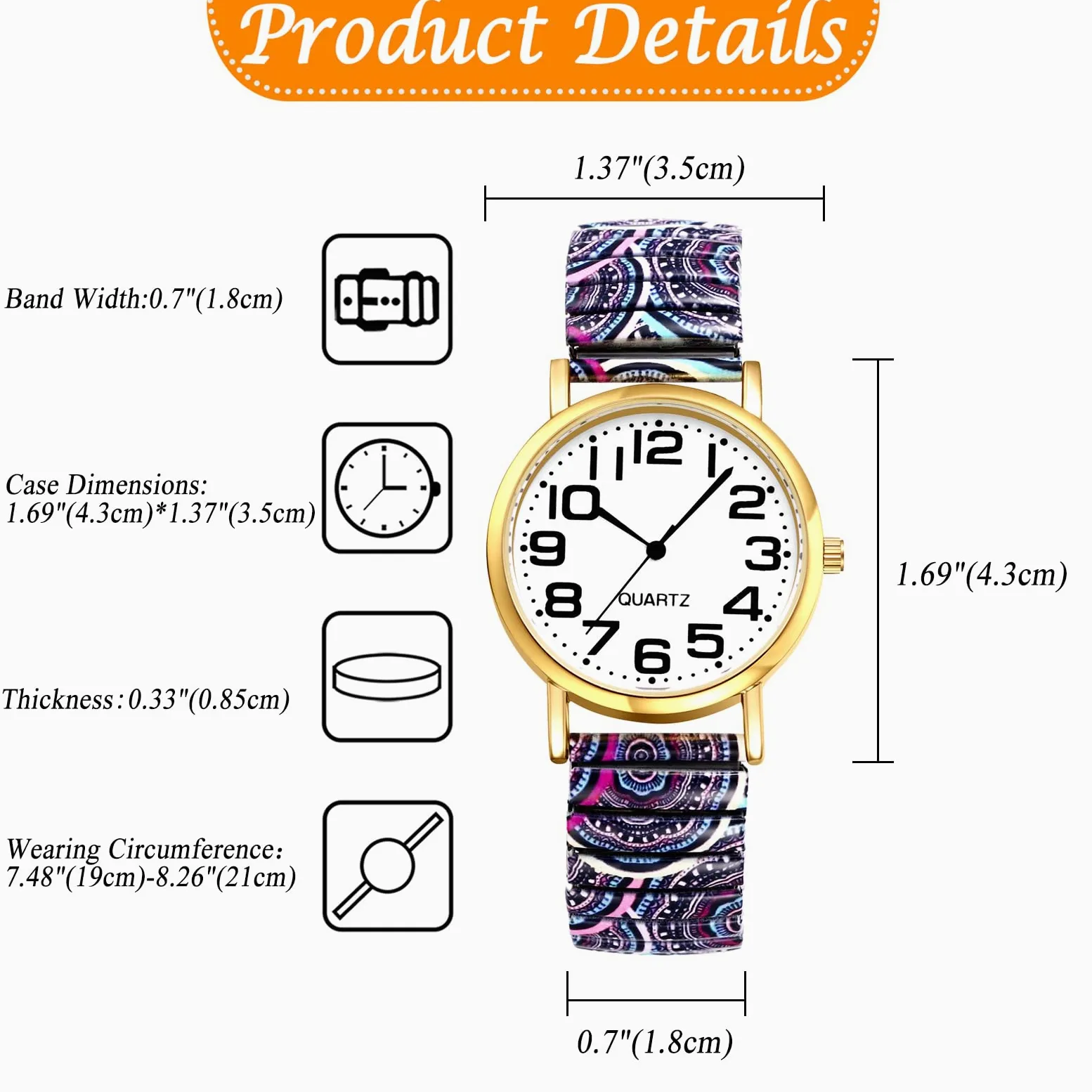 JewelryWe Zegarek damski w stylu boho elastyczny zegarek: 6 sztuk w stylu boho, kolorowe wzory, analogowy, kwarcowy, zegarek na rękę, stal nierdzewna, rozciągliwa bransoletka dla seniorów, zegarek z