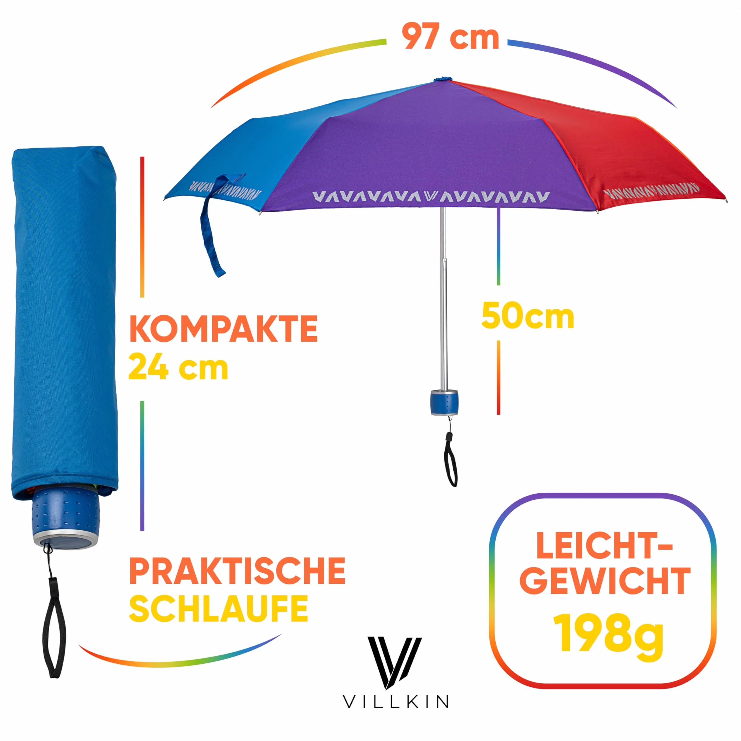 Villkin Parasol dla dzieci z paskami odblaskowymi – kolorowy i lekki parasol kieszonkowy dla dzieci o rozpiętości 97 cm – odporny na burzę parasol dla chłopców i dziewczynek