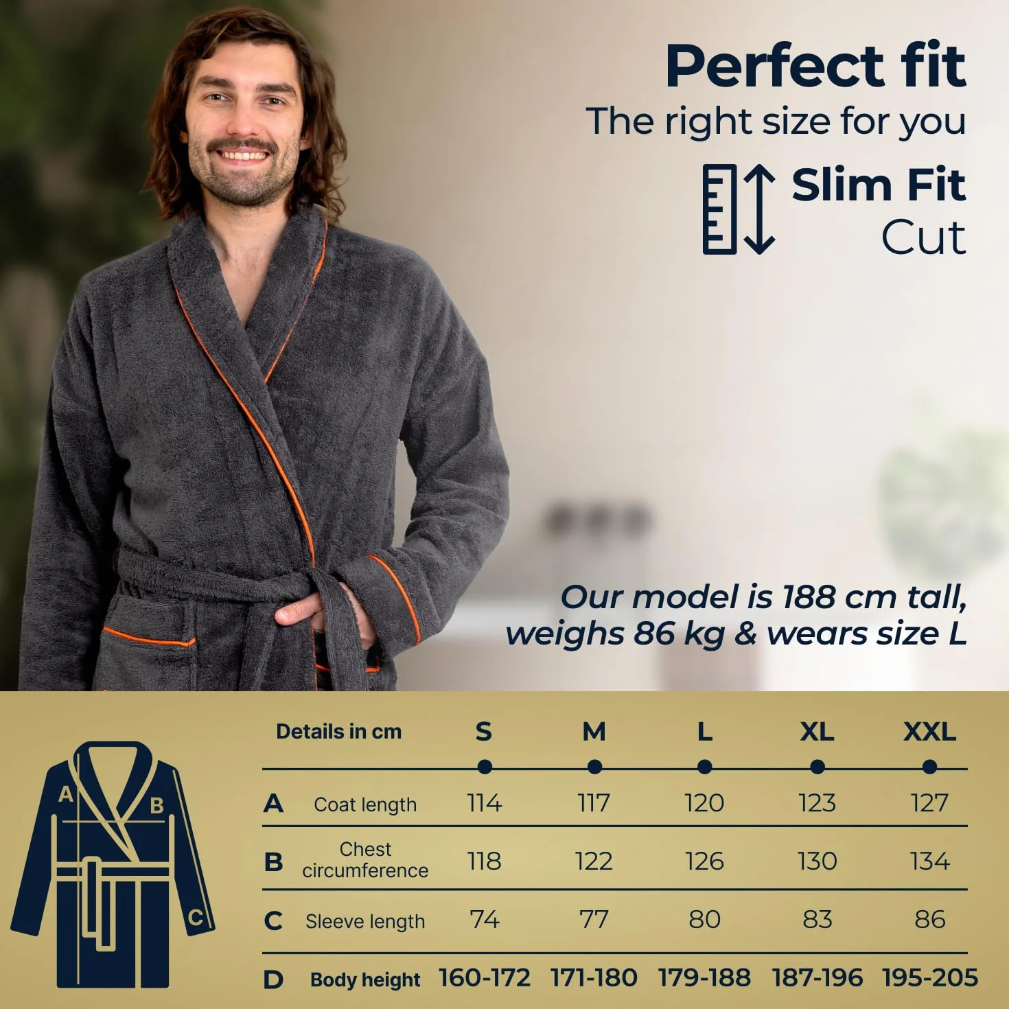 Szlafrok męski bawełniany w rozmiarach S/M/L/XL/XXL szaro-pomarańczowy