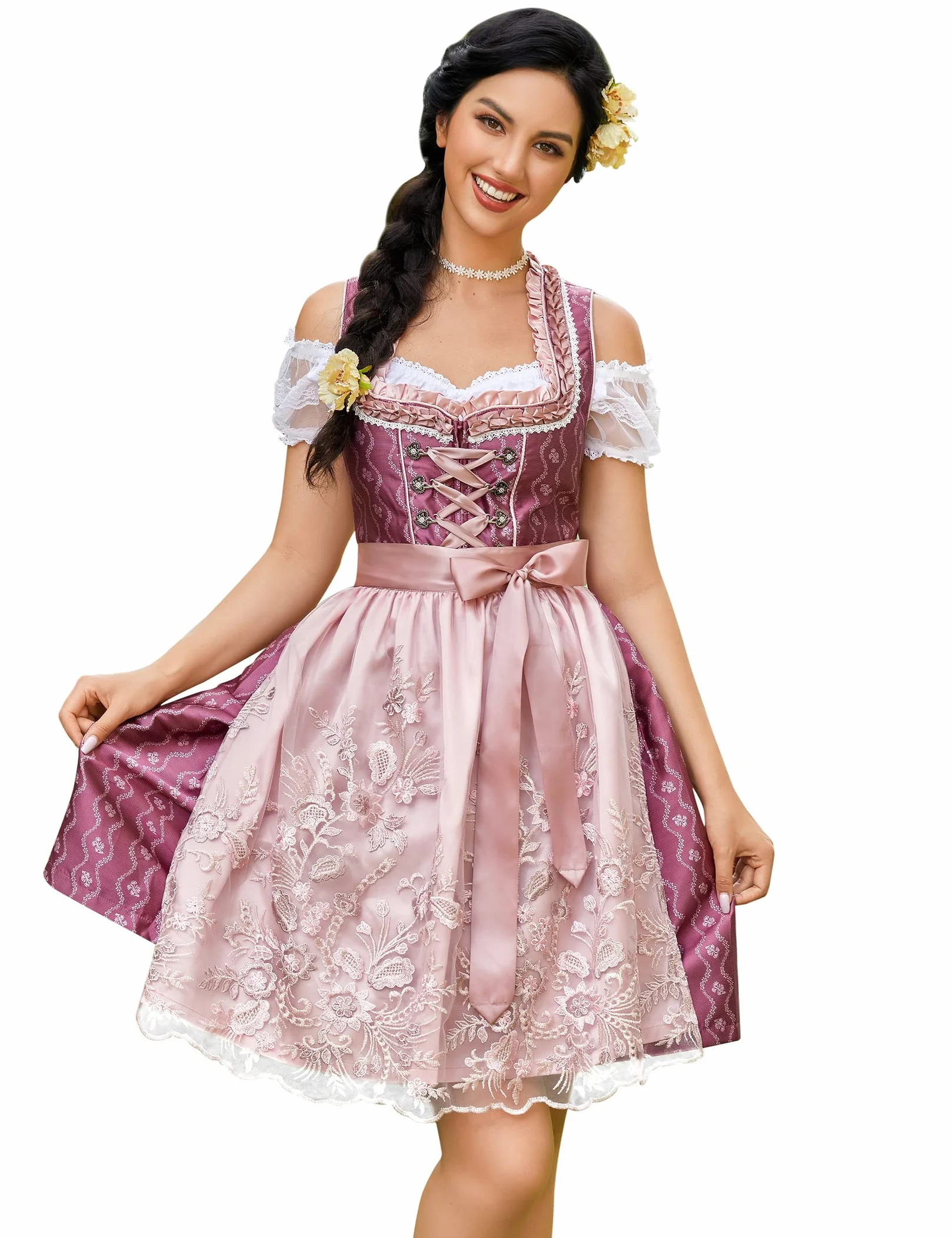 Clearlove damska sukienka midi typu Dirndl, na Oktoberfest, karnawał, trzy elementy: sukienka, bluzka, fartuch (opakowanie wielokrotnego użytku)., Czerwona końcówka, XL