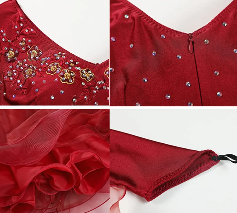 Damskie sukienki tańca towarzyskiego, wykwintne hafty diamentowe Foxtrot Waltz konkursowa sukienka, taniec nowoczesny z długim rękawem Prom Performance Dance Dress