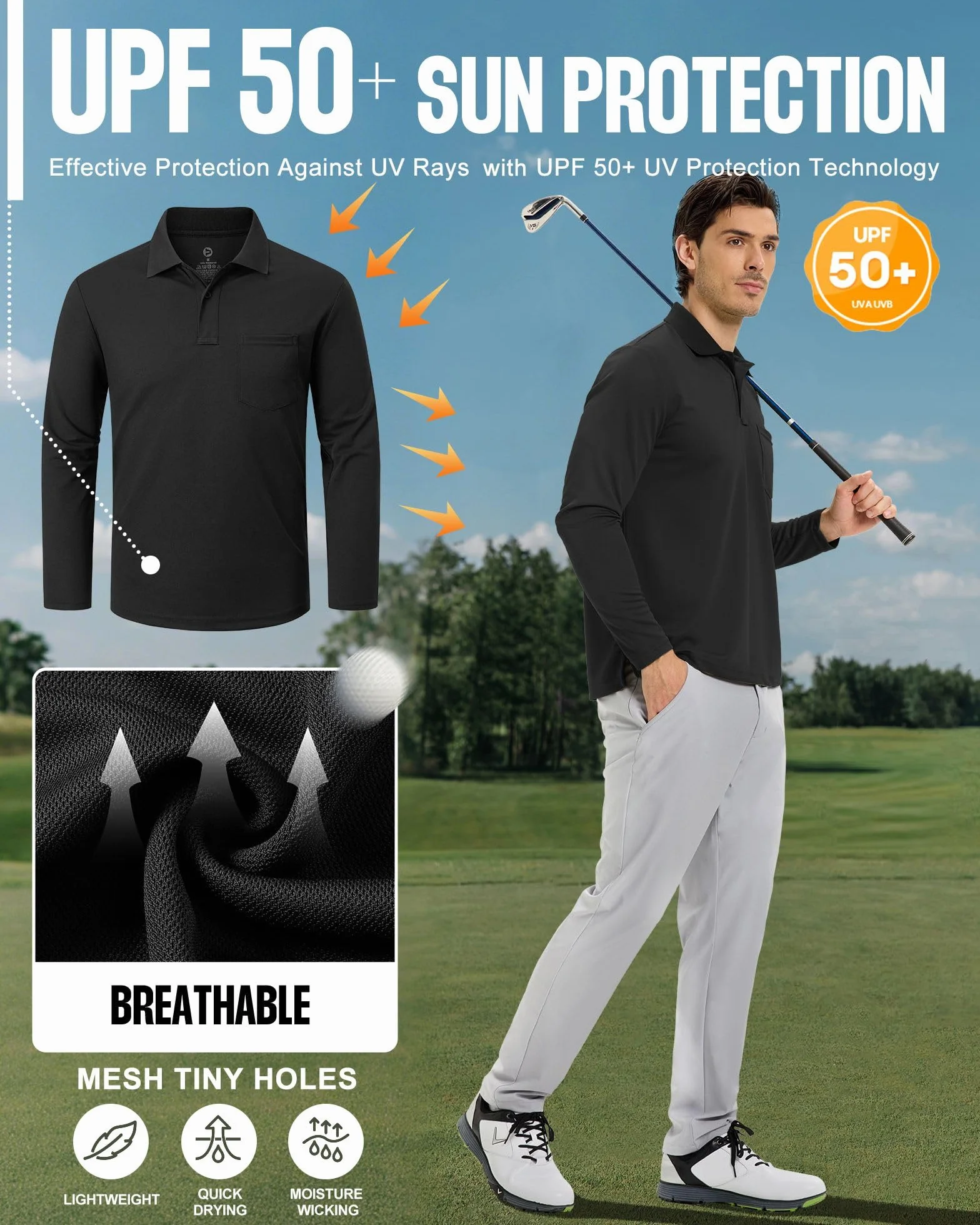 Outdoor Ventures Męska koszulka polo z długim rękawem, UPF50+, ochrona przed słońcem, ochrona przed promieniowaniem UV, koszulka polo dla mężczyzn, lekka, oddychająca koszulka polo, top do tenisa