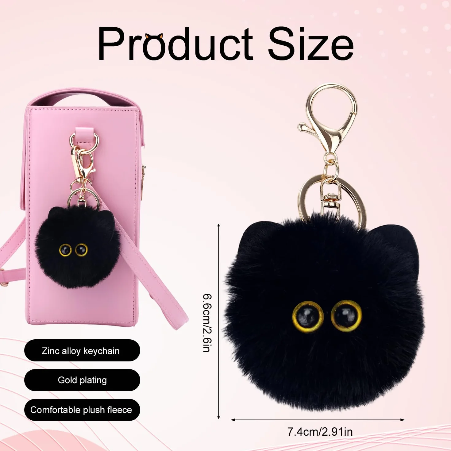 2szt Czarny Kot Miękki Brelok, Słodki Kot Pompon Brelok Miękki Kawaii Zawieszki Plecaka dla Kobiet Dziewczyn Kluczyki do Samochodu Portfele Akcesoria do Torby