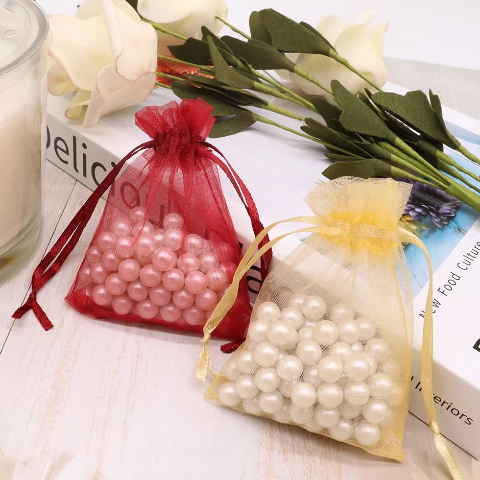 Leeyunbee 100 szt. Złote woreczki z organzy 7 x 9 cm woreczki z organzy, woreczki, na prezent, biżuteria, ślubne torebki na cukierki, na imprezę festiwalową i wesele, satynowy sznurek