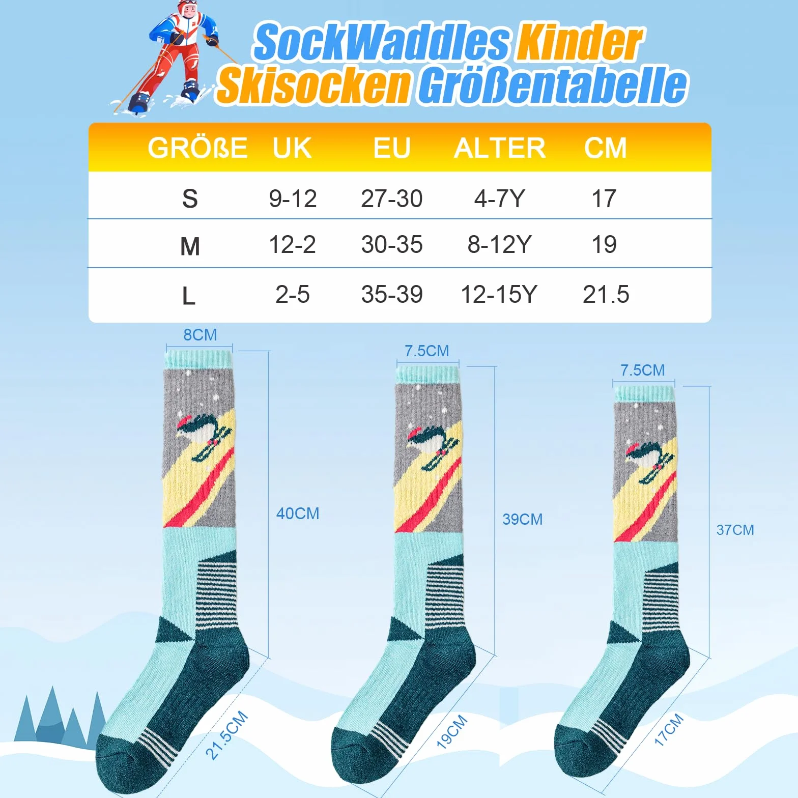 SockWaddles Dziecięce skarpety narciarskie z wełny z merynosów, uniseks, oddychające i szybkoschnące, ciepłe i antyzapachowe, grube skarpety narciarskie, dla chłopców i dziewczynek, rozmiary 30-35, 35