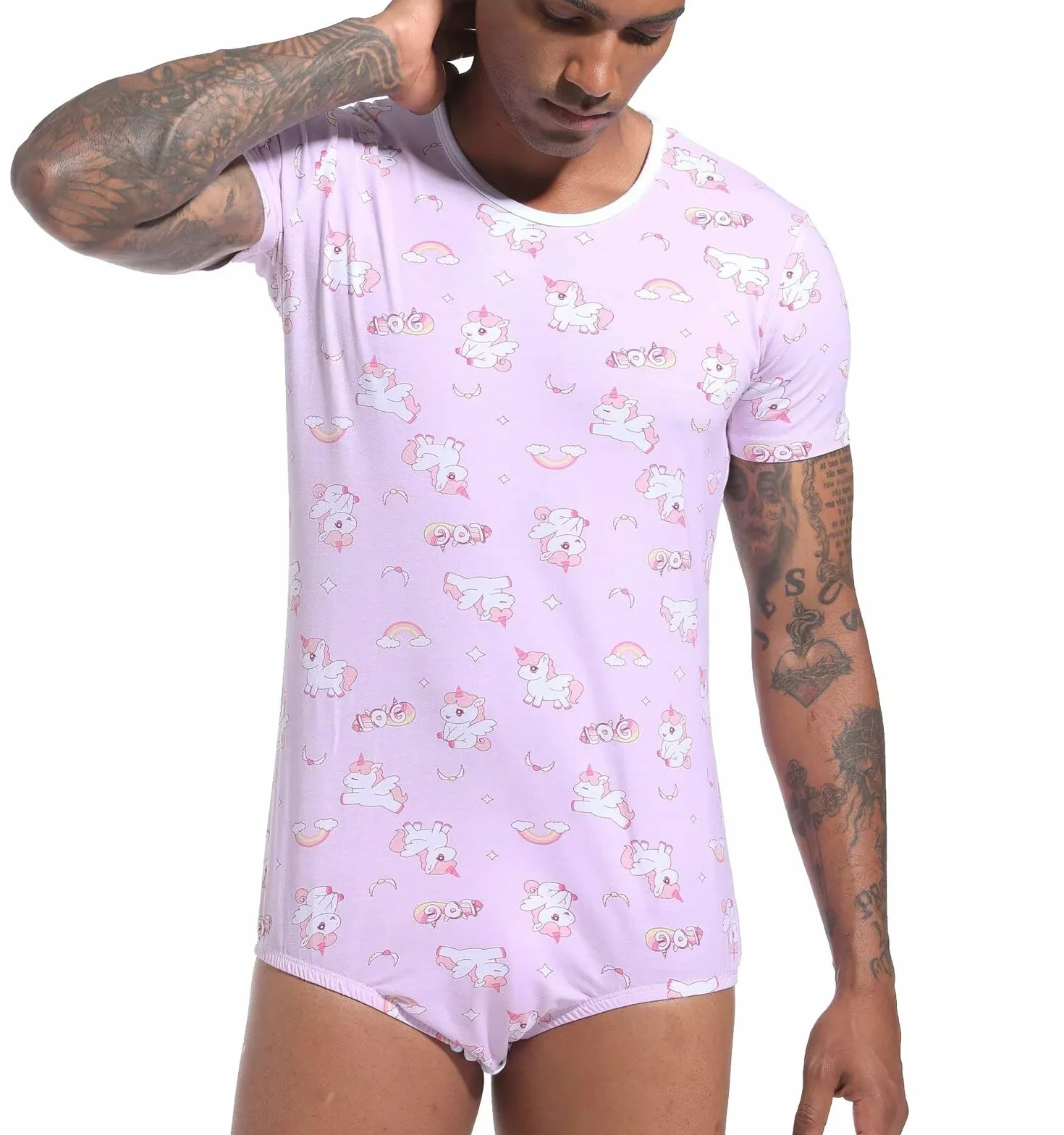 Landofgenie Body Męska Jednoczęściowa Piżama Unicorn Full Print z Zatrzaskami w Kroku – Odzież Relaksacyjna i Nocna