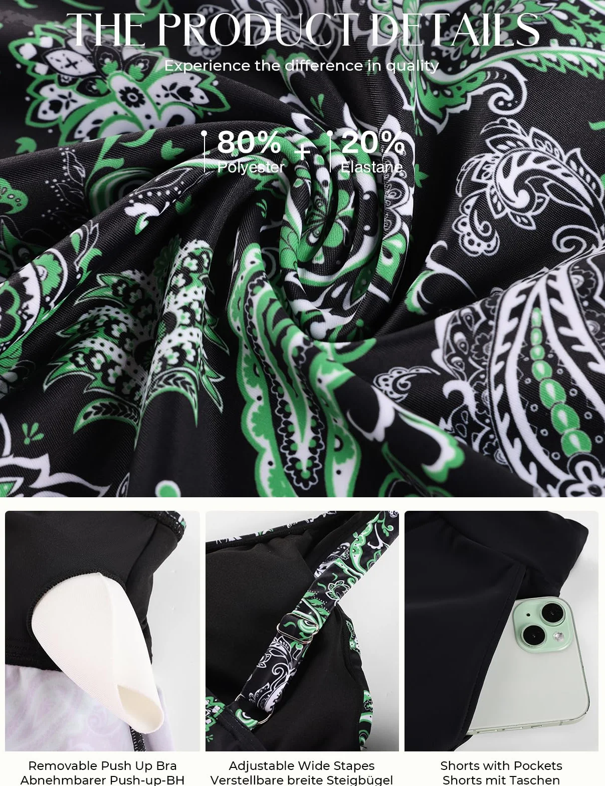 Hanna Nikole Damskie zestawy tankini plus size, 2-częściowe stroje kąpielowe z kontrolą brzucha, stroje kąpielowe z nadrukiem w linii A, szorty z kieszenią