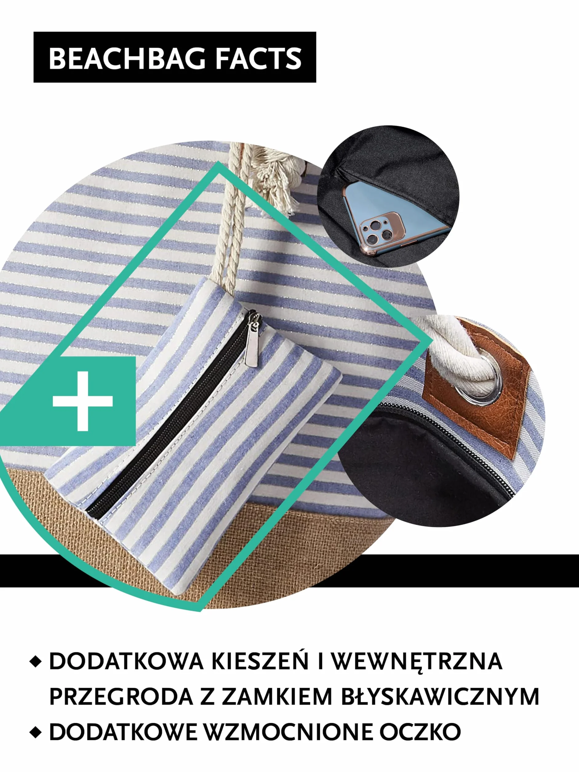DonDon Duża torba plażowa z zamkiem błyskawicznym wodoodporna