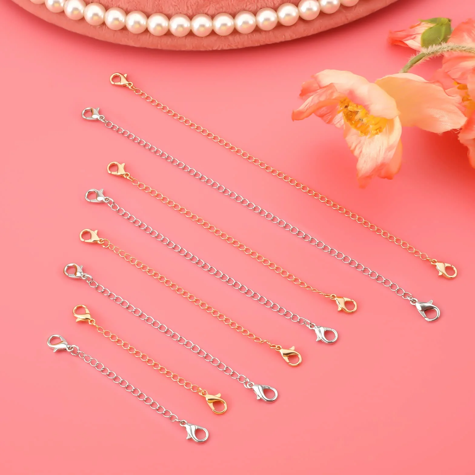 8 sztuk Jewelry Extender Chain, Rozmiar 4 Extension for Necklace Chain Lancuszek Przedluzajacy do Tworzenia Bizuterii Naszyjnik Bransoletka Obraczka (4 Zlote, 4 Srebrne)