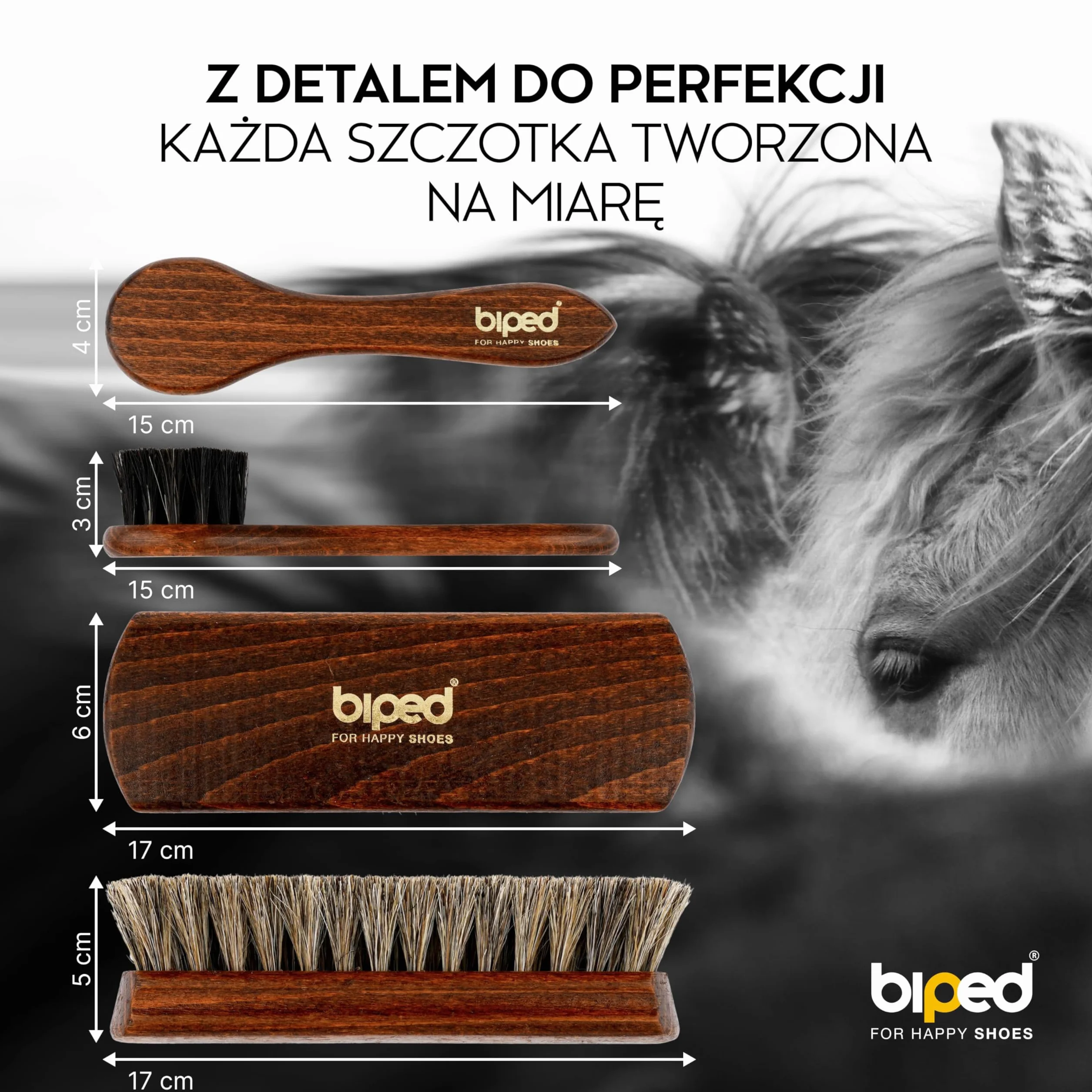 biped Zestaw 4 szczotek do butów Classic w pudełku – 2 szczotki do nakładania pasty + 2 do polerowania z końskiego włosia – komplet z drewna bukowego do pielęgnacji obuwia z2487