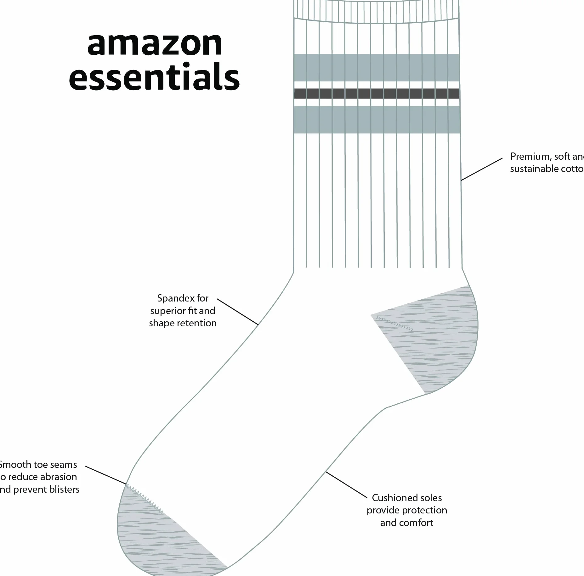 Amazon Essentials 10-pak bawełnianych skarpet Varsity Crew Casual Color Stripe/biały z szarym wrzosowym obcasem, Biały z kolorowym paskiem/biały z szarym wrzosowym obcasem, palec u nogi, S