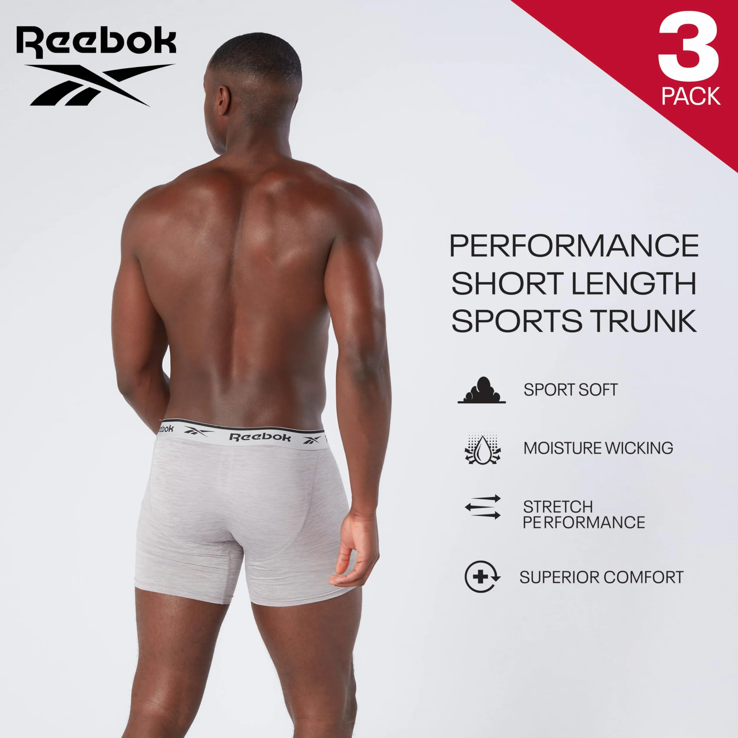 Reebok Ainslie Bokserki dla mężczyzn, 3 sztuki, męskie bokserki sportowe, oddychająca i rozciągliwa bielizna dla mężczyzn, wielopak bokserek, czarny/biały/szary, marl, Czarny/biały/szary marl, M