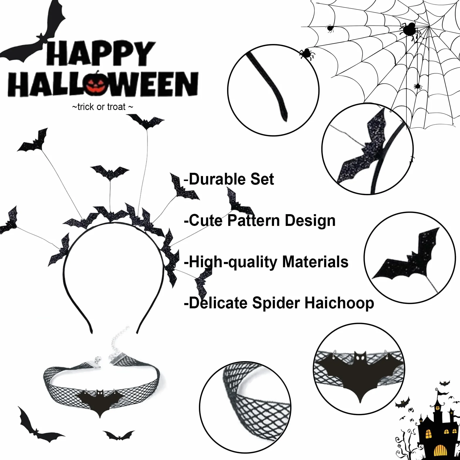 Opaska na głowę z nietoperzem na Halloween, pajęczyna, opaska do włosów, nietoperz, akcesoria na Halloween, gotycka, vintage, czarna, koronkowa, klejnot, naszyjnik, do cosplay, maskarady,