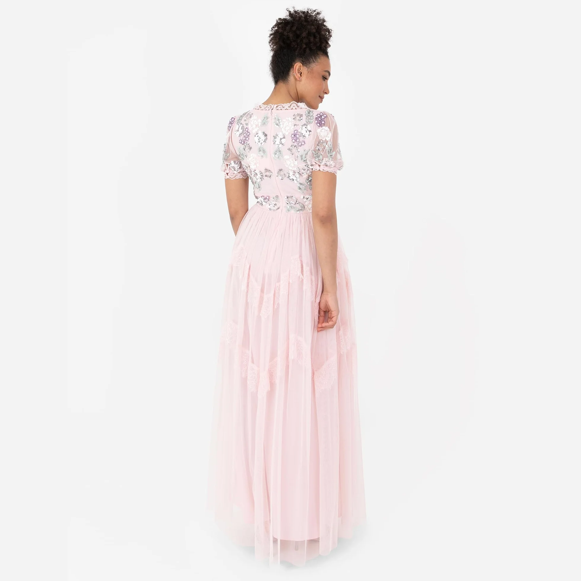 Maya Deluxe Damska sukienka maxi z krótkim rękawem z dekoltem w serek, wybijana koronka, tiulowa, rozcięta, linia A, dla panny młodej, różowa, 40, Crystal Pink, 40
