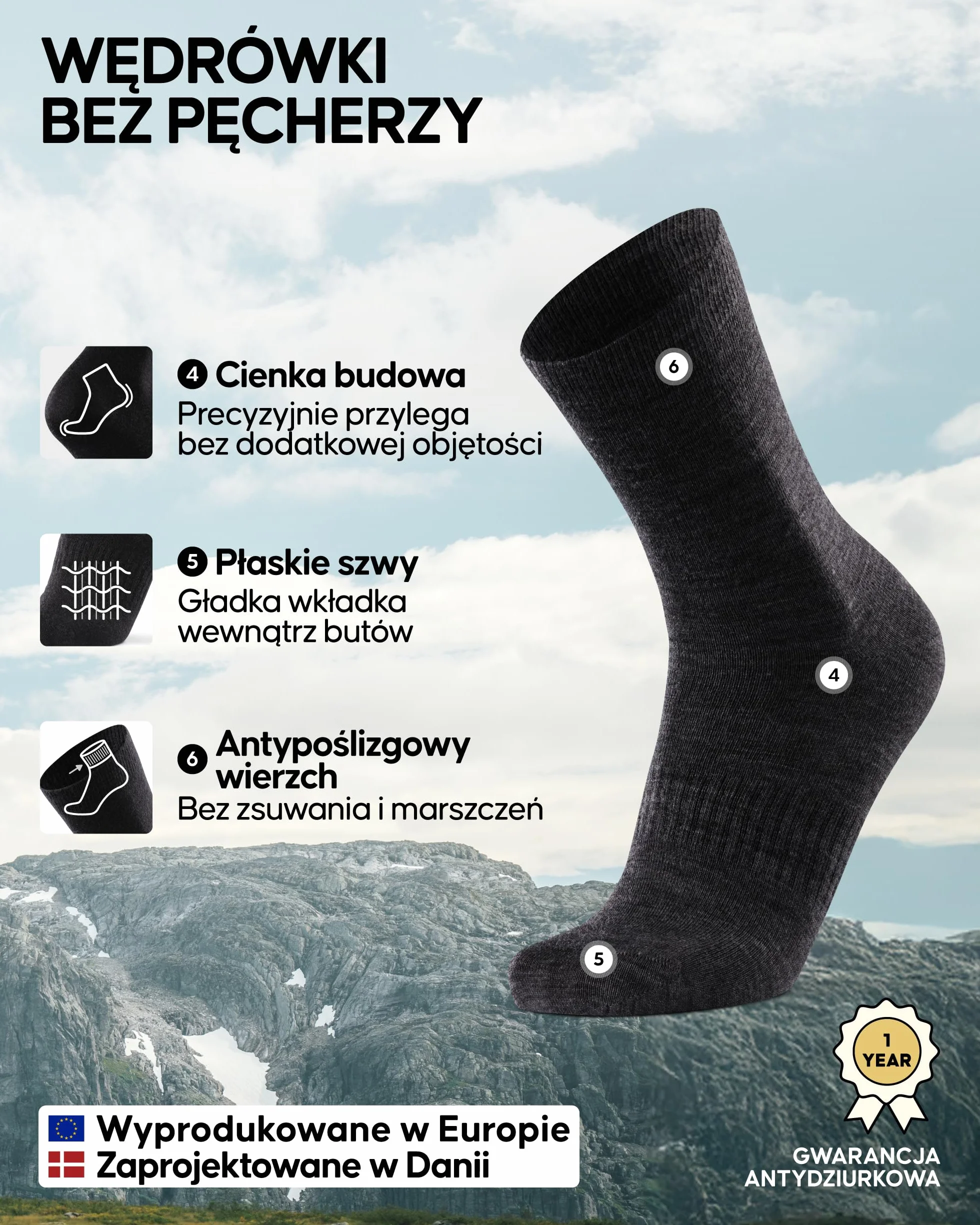 DANISH ENDURANCE Skarpety Liner Merino, Cienkie Skarpety Trekkingowe Zapobiegające Pęcherzom, Oddychające, dla Mężczyzn i Kobiet, Unisex, 2 lub 4-Pak