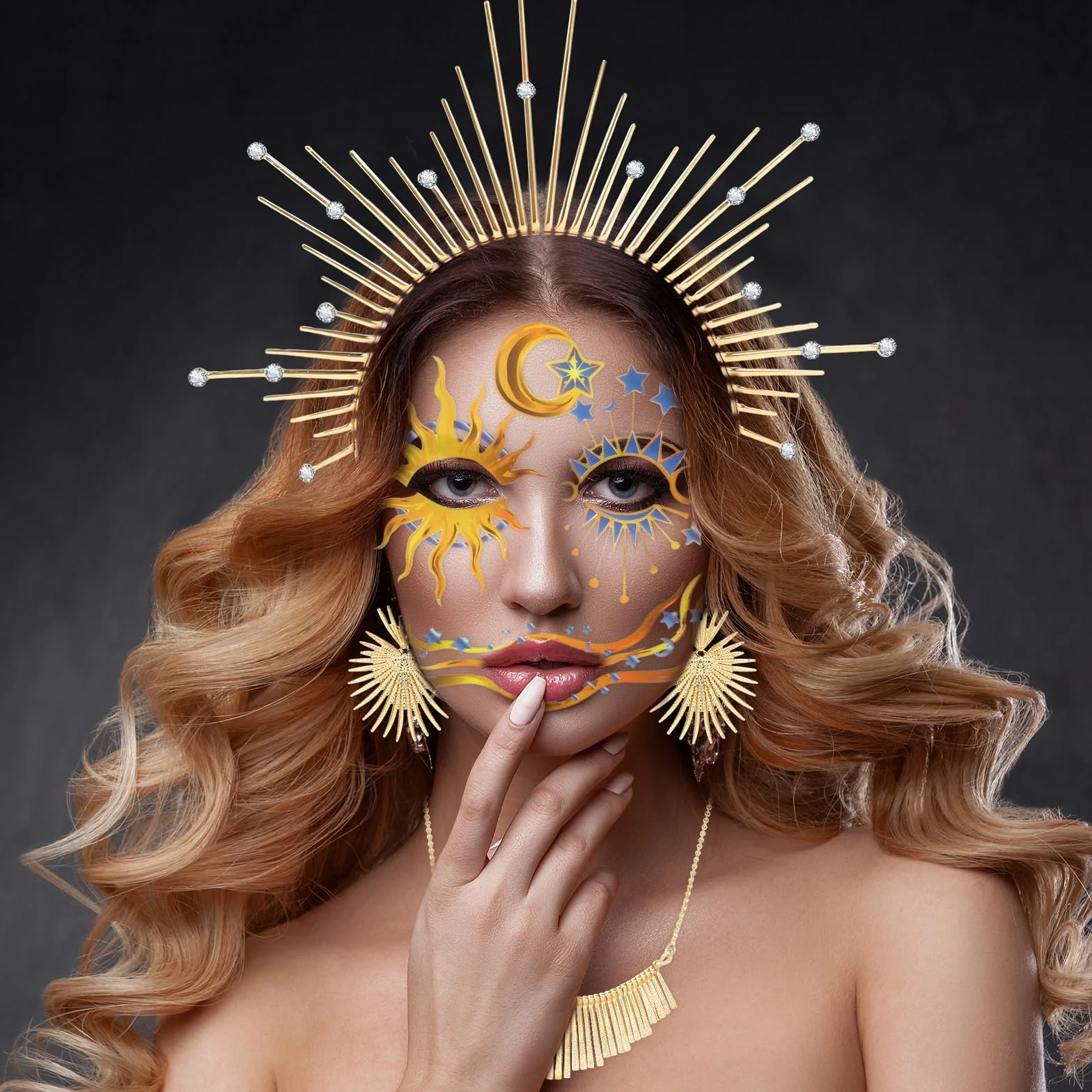 DPKOW Halo Crown opaska na czoło słońca, akcesoria do kostiumu, nakrycie głowy, naszyjnik, kolczyki, tatuaż na twarz dla greckiej , dla kobiet, karnawał, cosplay