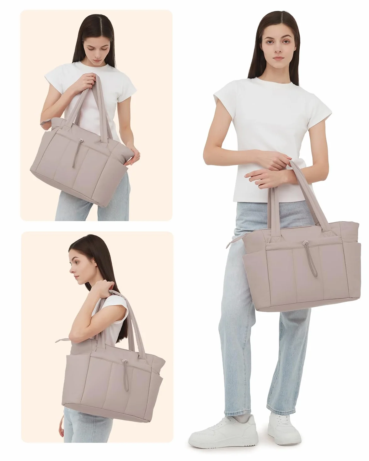 Torebka damska, 20 l, duża, pikowana, torba na zakupy z kieszenią na laptopa (15,6") i uchwytem na napoje (1,18 l), idealna do biura, szkoły, na podróż, na zakupy (zgłoszona patent)