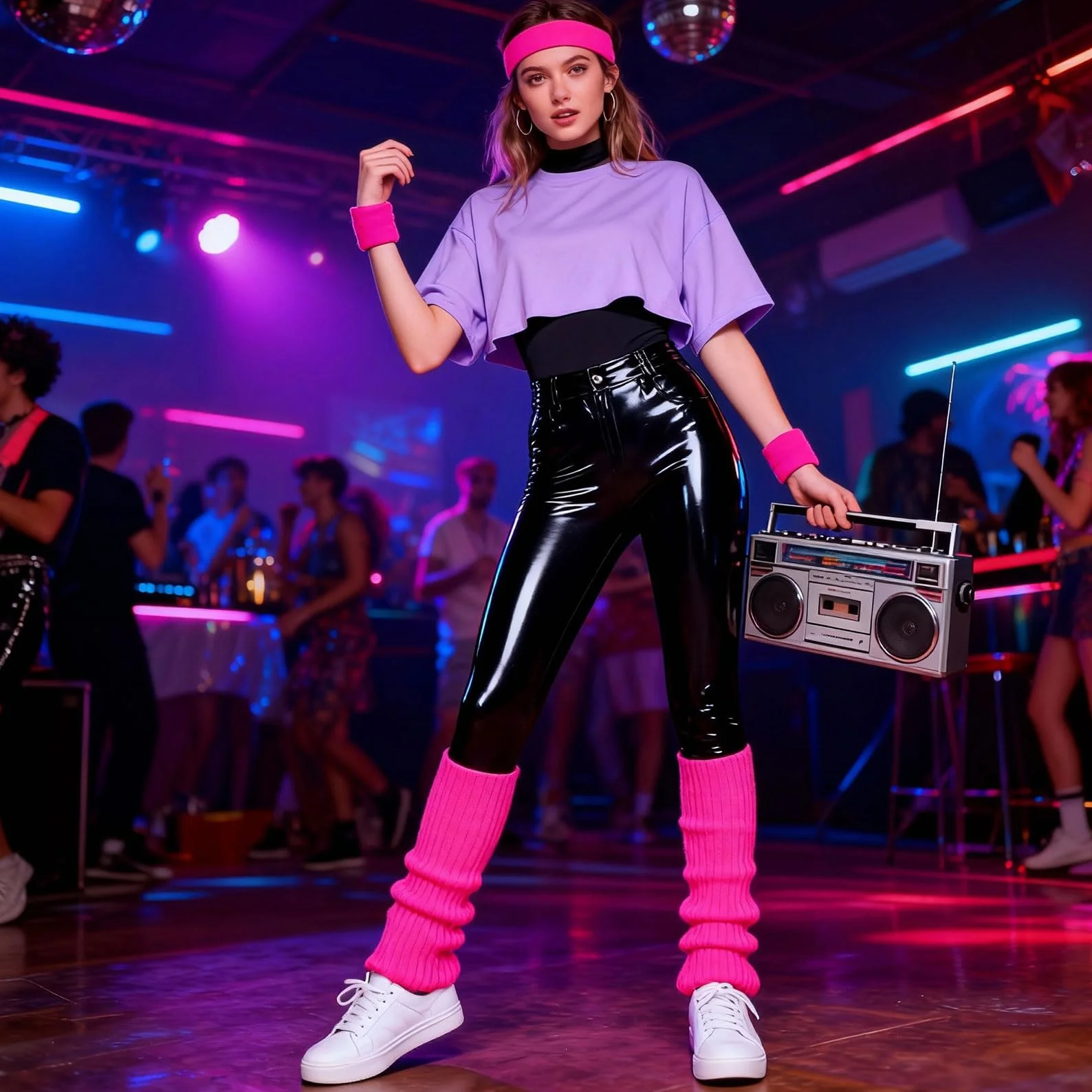 Neonowe getry damskie, karnawałowe getry damskie w stylu lat 80. Różowe getry Akcesoria karnawałowe Neonowe różowe getry Różowe getry hippisowskie Imprezowe czerwono-białe pasiast