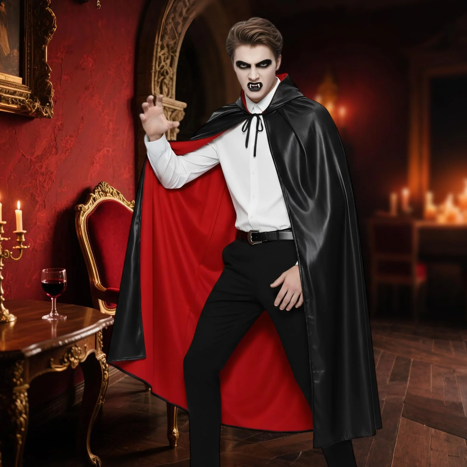 Peleryny wampirów na Halloween, dla dorosłych, płaszcz wampira, dla kobiet, mężczyzn, unisex, odwracalna bluza z kapturem z wampirami, sztuczne zęby, kostiumy czarownicy na Halloween, fantazyjny