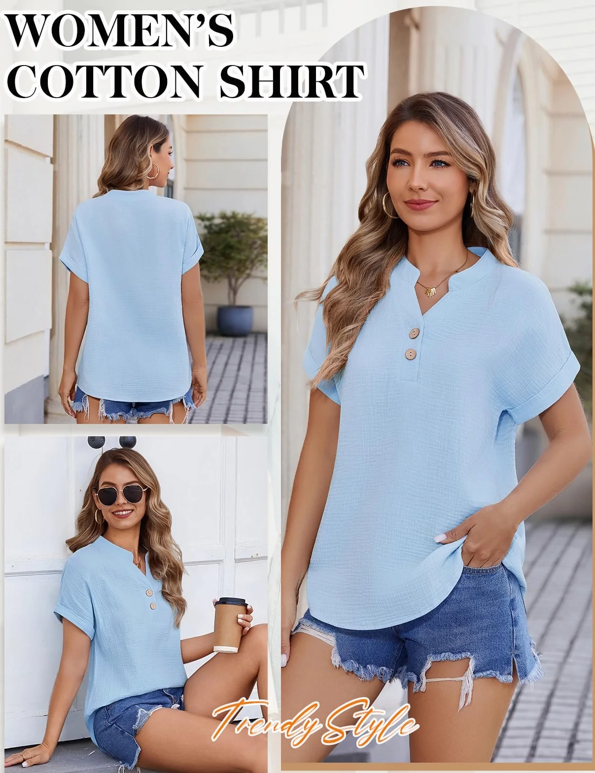 HEEKPEK Bluzka damska letnia muślinowa bluzka bawełniana z krótkim rękawem, elegancka bluzka koszulowa z dekoltem w serek, na guziki, koszulka basic, koszula, luźna tunika, top