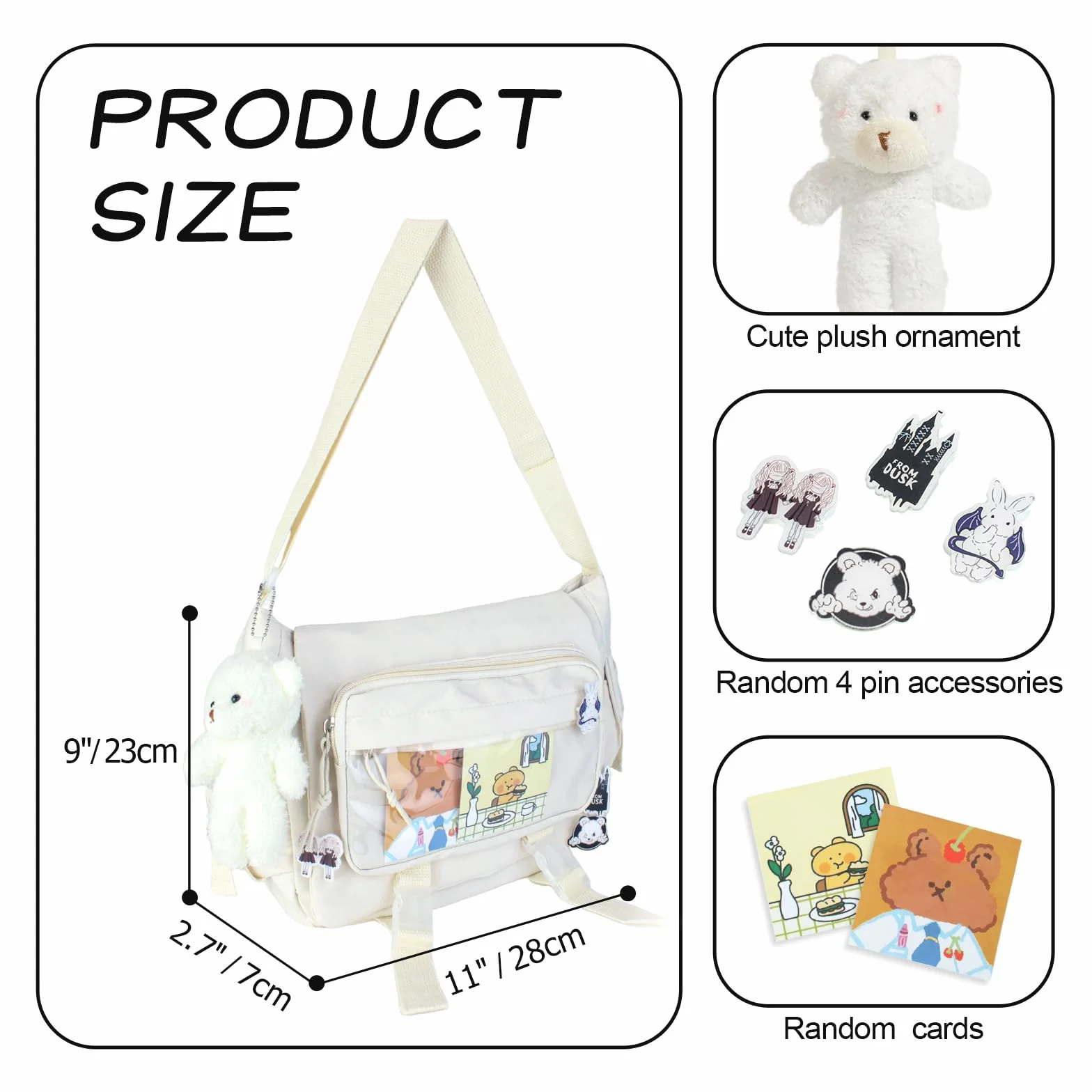 Kawaii Ita Bag damska torba na ramię z przypinką i zawieszką, japońska torba kurierska Y2K na ramię