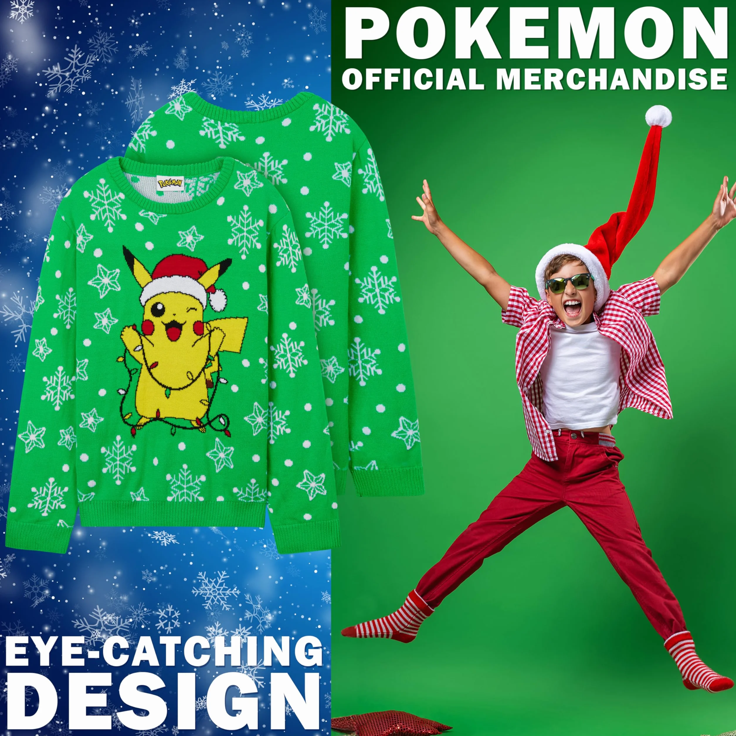 Pokemon Christmas Jumper Kids Teenagers - Swiąteczny Sweter Swiąteczny - Oficjalny Towar 4-14 Lat - Prezenty dla Chłopców