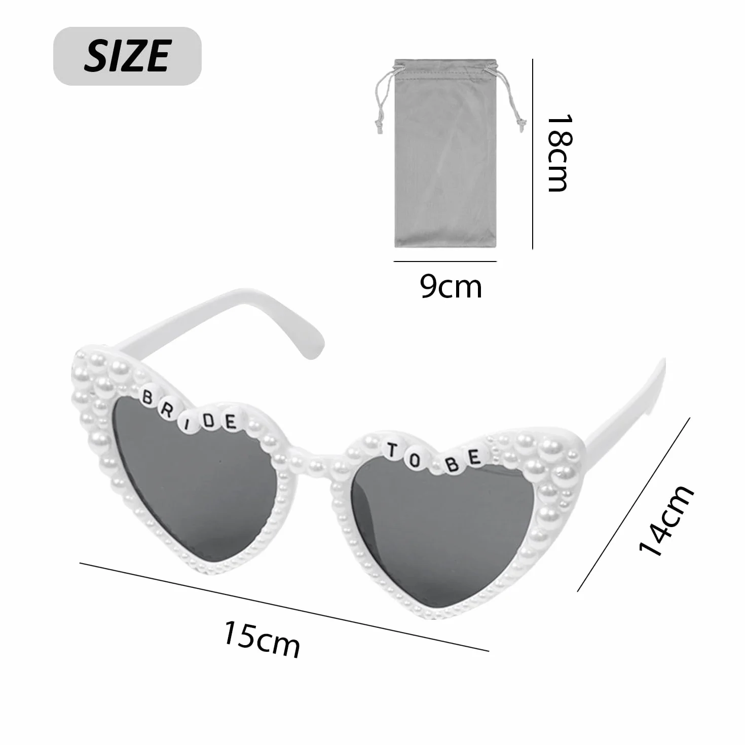 1 x okulary z perłowym sercem, 1 x torba na okulary, okulary BRIDE TO BE, okulary przeciwsłoneczne dla panny młodej, okulary przeciwsłoneczne na wieczór kawalerski