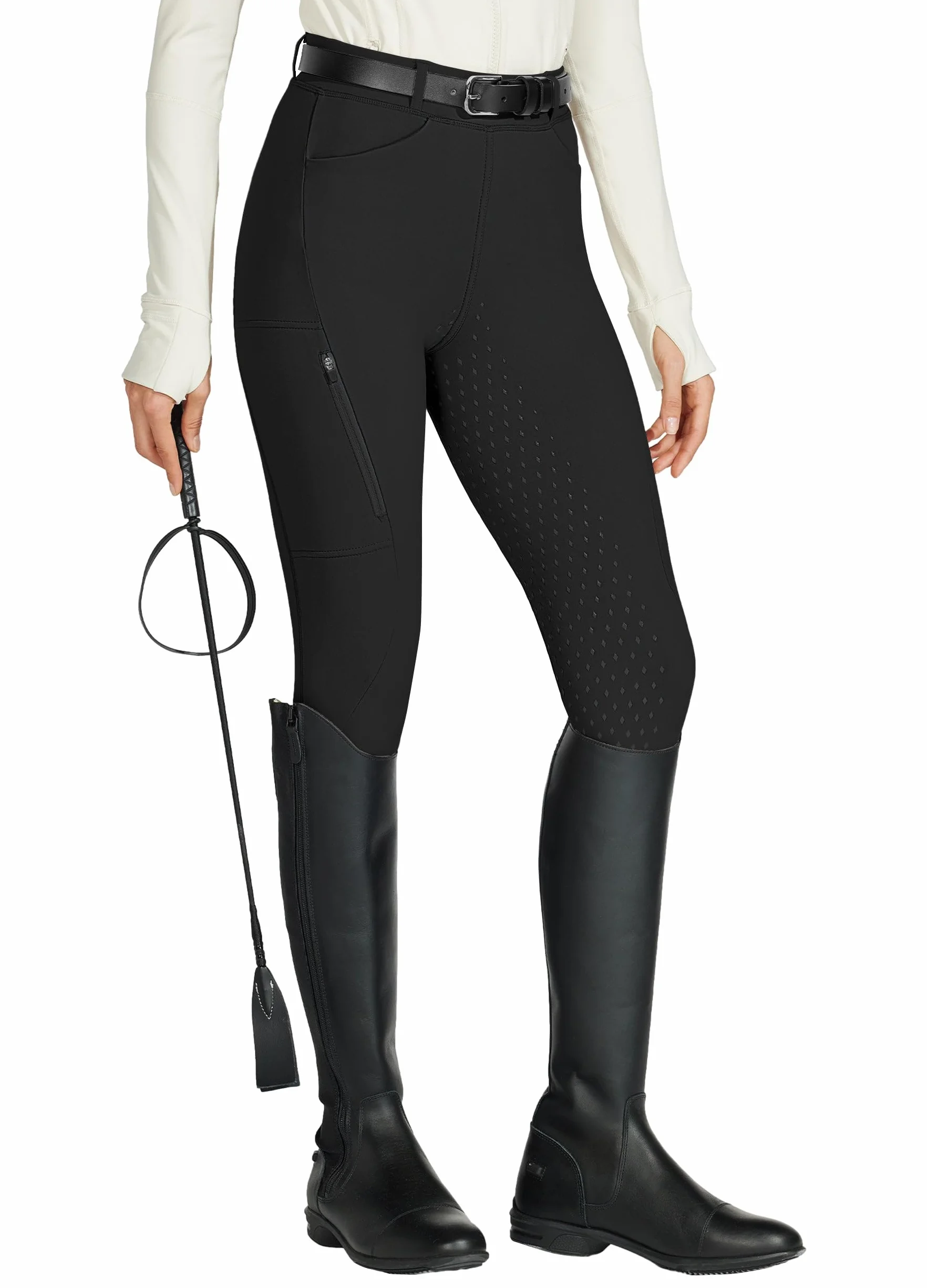WILLIT Damskie bryczesy do jazdy konnej z pełnym obszyciem silikonowe bryczesy High Waist Stretch bryczesy z zamkiem błyskawicznym szlufki na