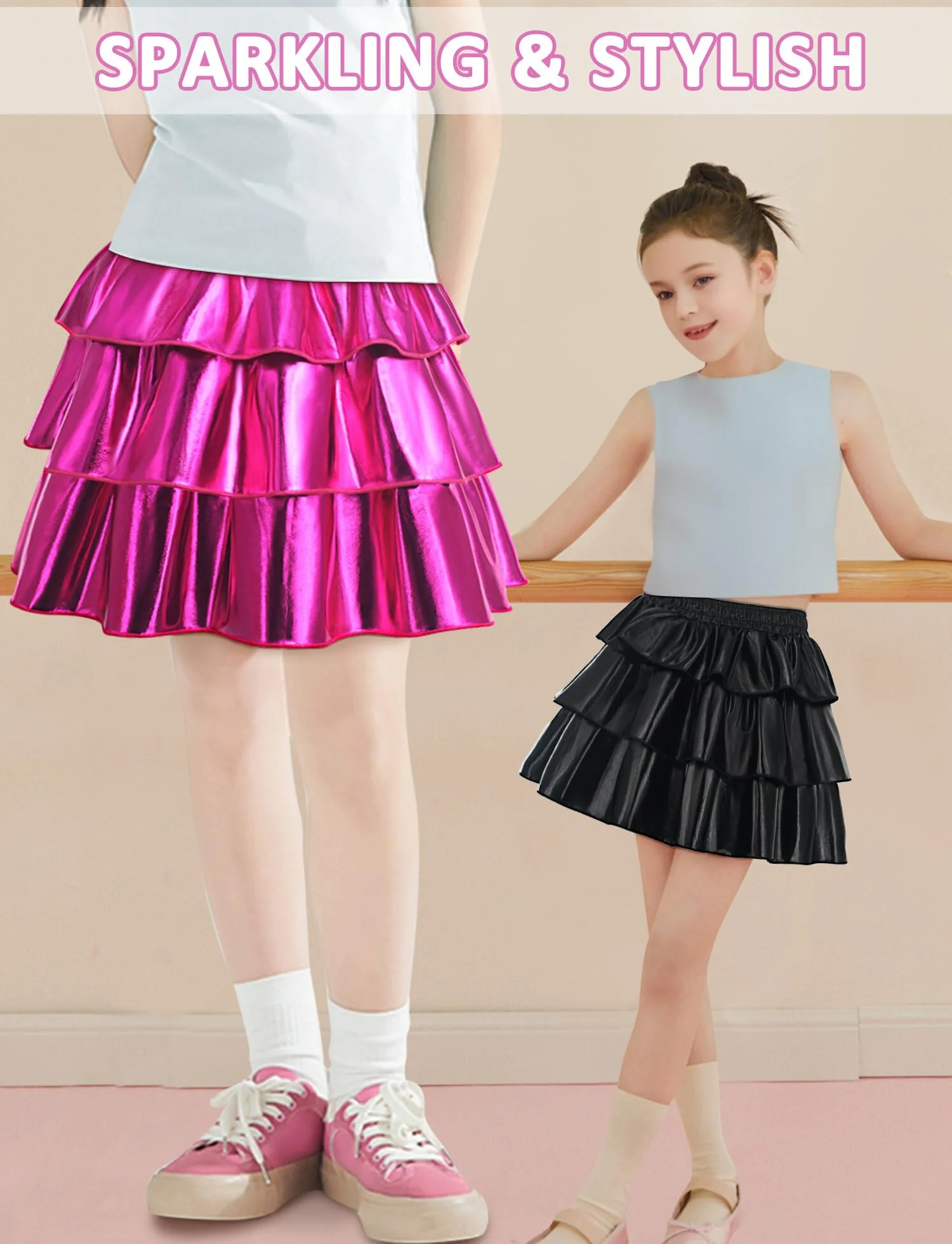 Happy Cherry Spódnica metaliczna dla dziewczynek, błyszcząca spódnica, krótka ruffle tutu, linia A, spódnica na schody z elastycznym ściągaczem, kostium