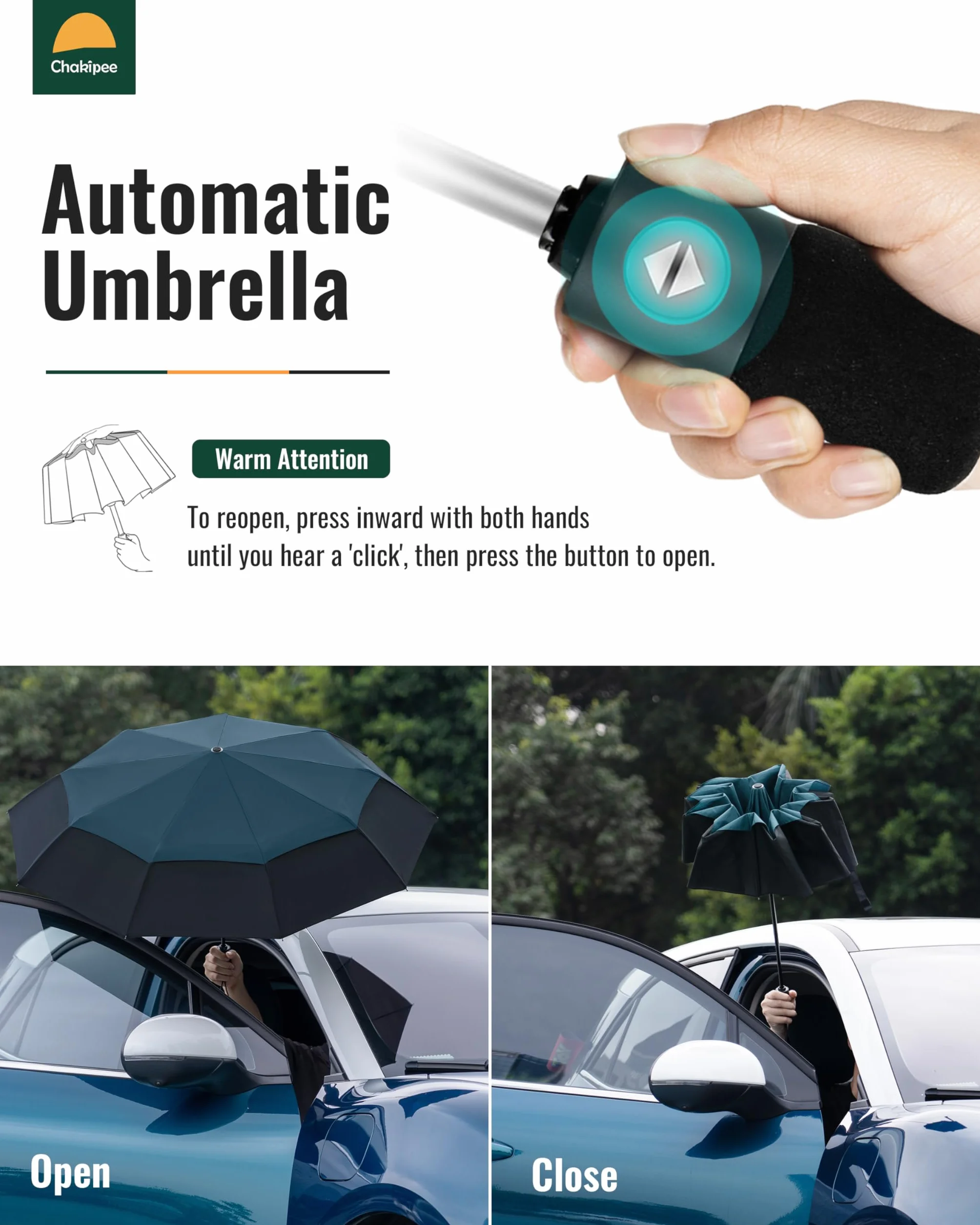 Kompaktowy parasol podróżny, wiatroszczelny, mocny, automatyczne składane parasole na wiatr i deszcz, podwójnie wentylowany baldachim 210T powłoka teflonowa 102 cm rozpiętość - 9 żeber,