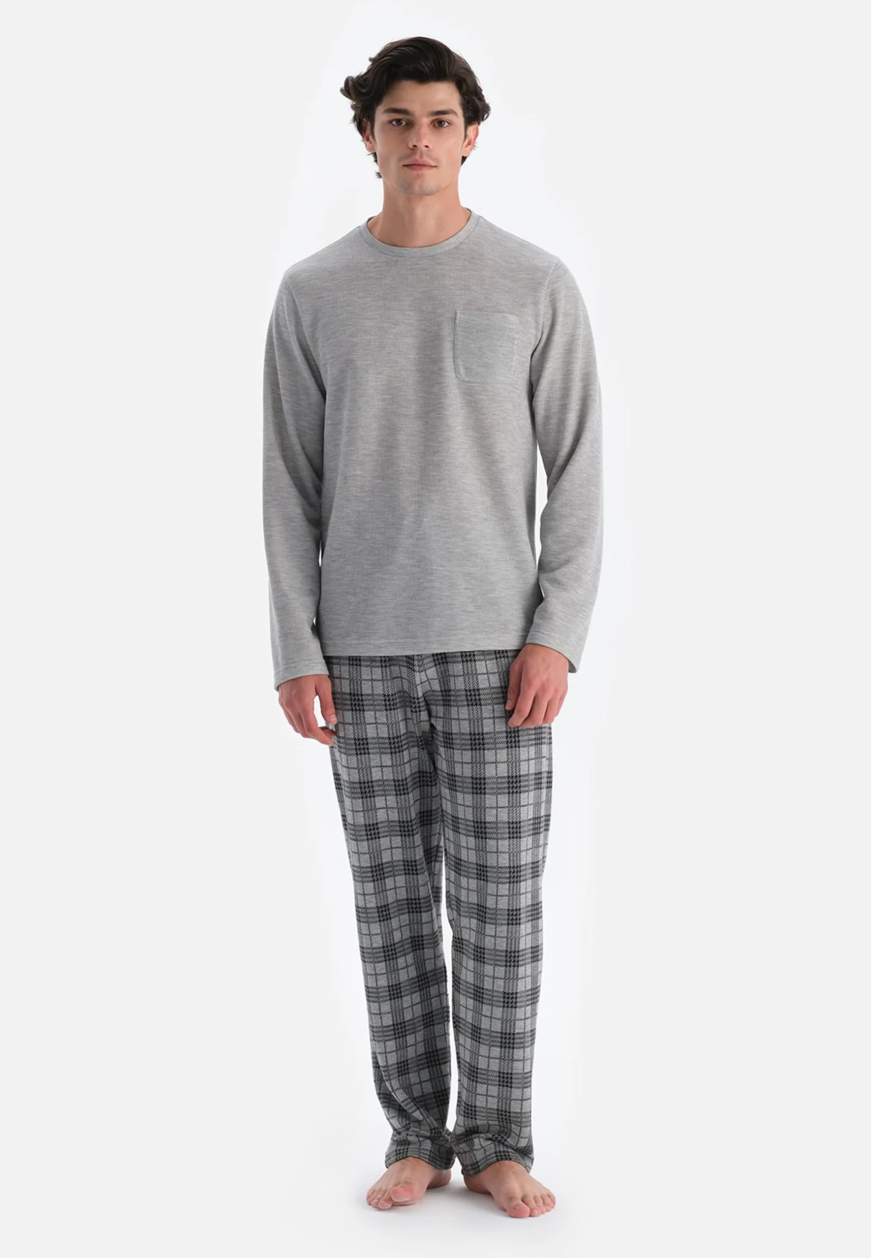 Dagi Zestaw piżamowy Mężczyźni Crew Neck Long Sleeve Plaid Pants Pajama Set