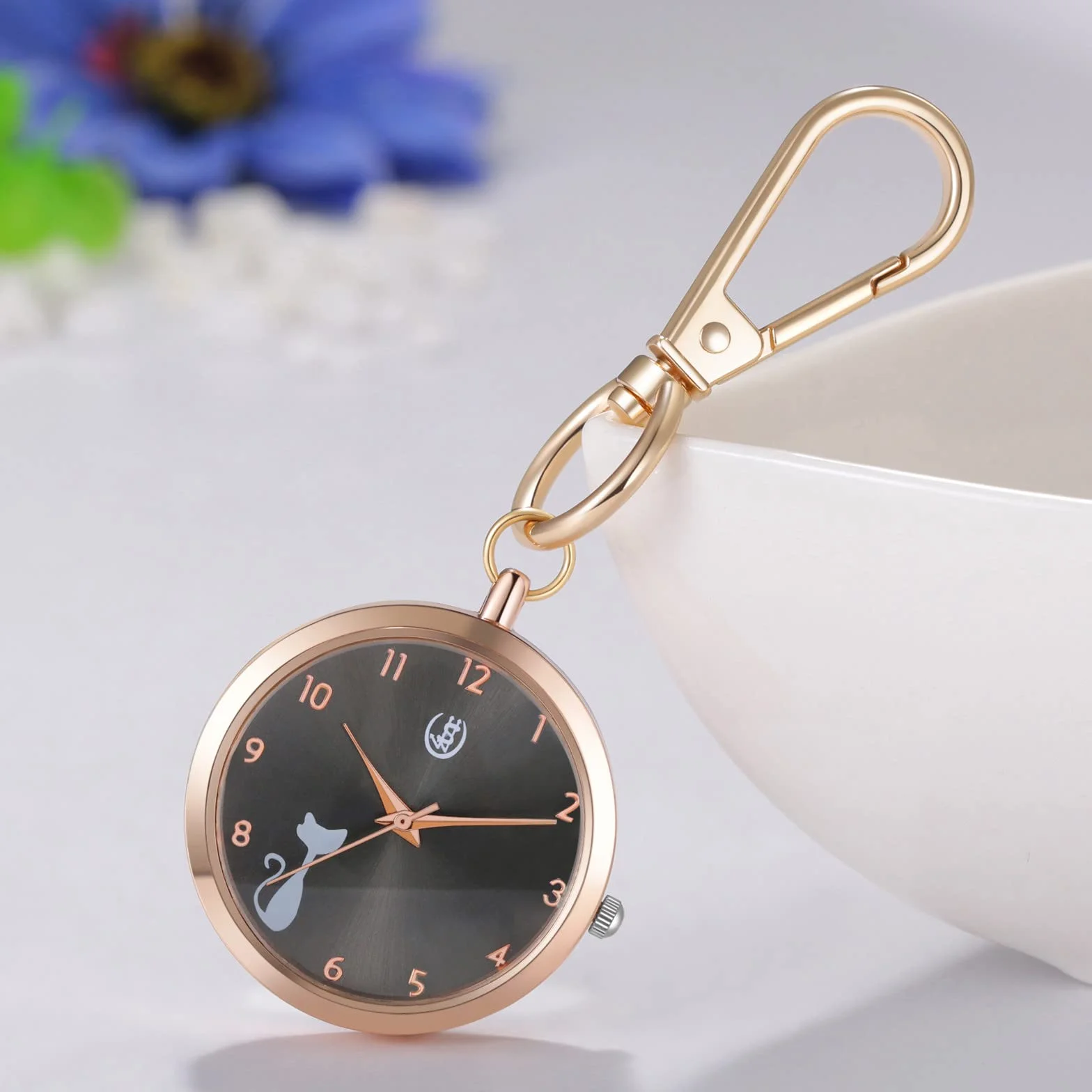 JewelryWe Nowość breloczek zegarek uroczy kot zwierzę brelok kwarcowy zegarek kieszonkowy FOB klips zegarek, dla mężczyzn kobiet, b, Nowoczesny