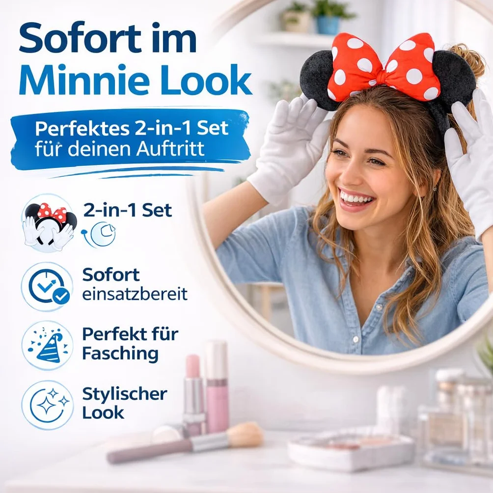 Costumed 2-częściowy zestaw z uszami myszki Minnie – kostium z rękawiczkami i uszami myszy dla kobiet na karnawał