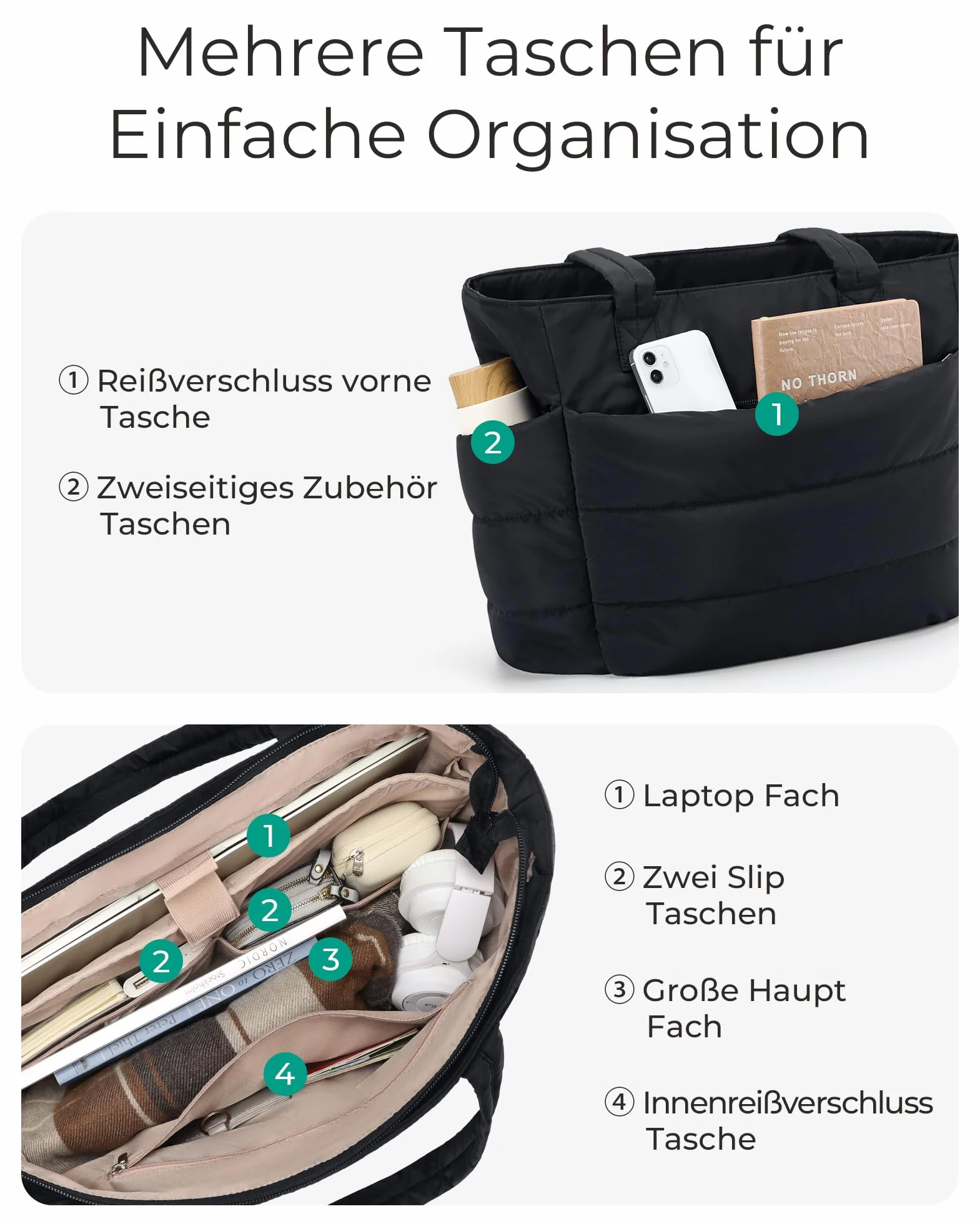 bagsmart Torebka damska Puffy Tote Bag torba na ramię, 20 l, torba robocza z zamkiem błyskawicznym, lekka torebka do pracy, podróży, na zakupy, do szkoły