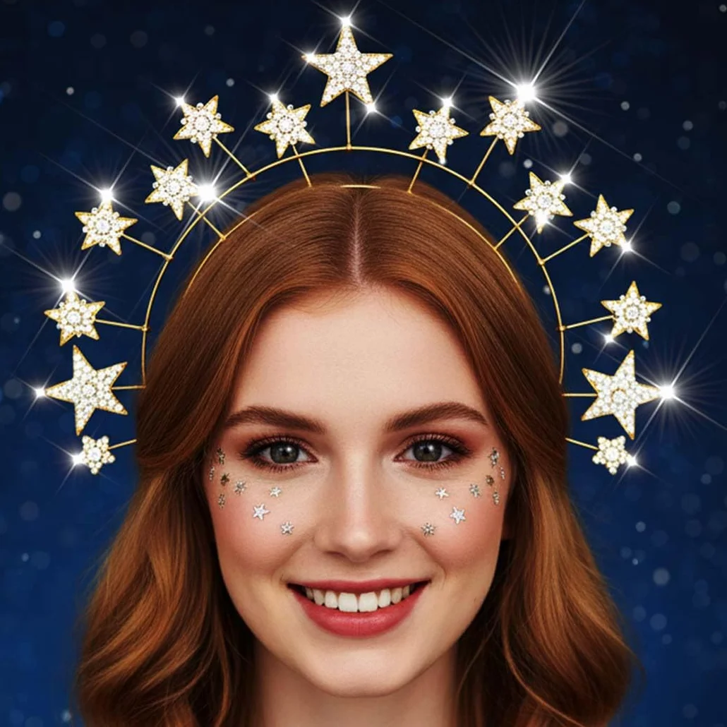 Reaky Star Halo korona, złote nakrycie głowy z gwiazdami ze strasu, korona halo, kryształowa opaska na czoło karnawałowe akcesoria do włosów dla kobiet