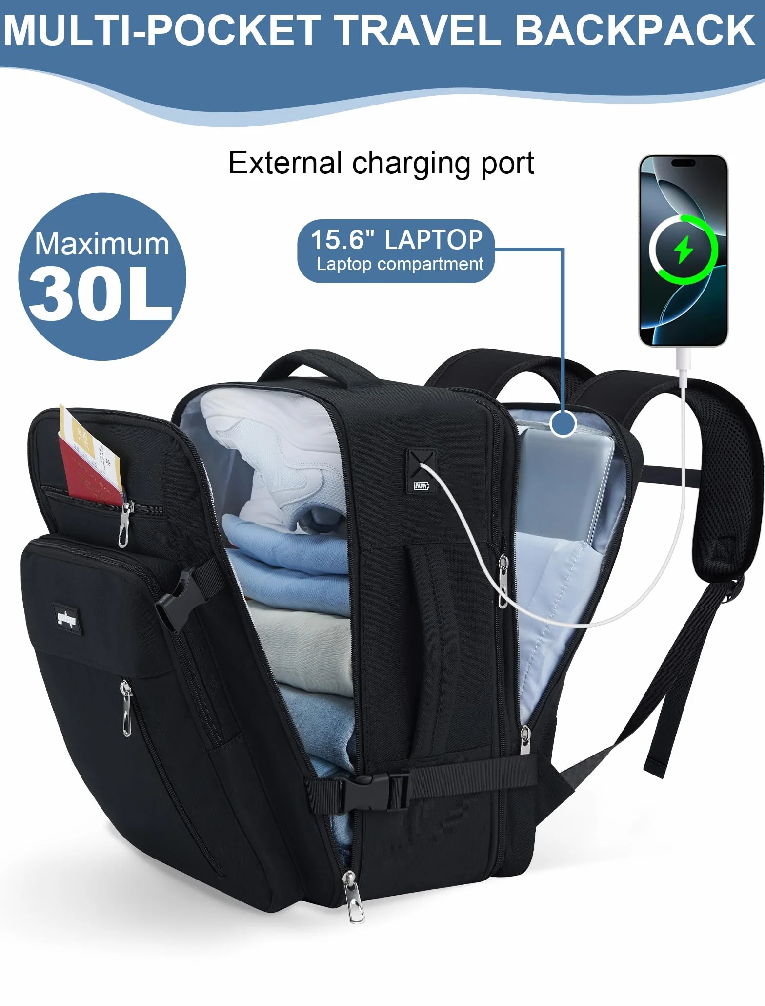 Bagaż Podręczny 40x30x20 Plecak, 24-30L Rozkładany 40x30x25 Plecak Podróżny Męski i Damski do Ryanair, Eurowings, Wizzair, Vueling,Cabin Bag Travel Backpack do Pracy, Biznesu i Podróży, Czarny