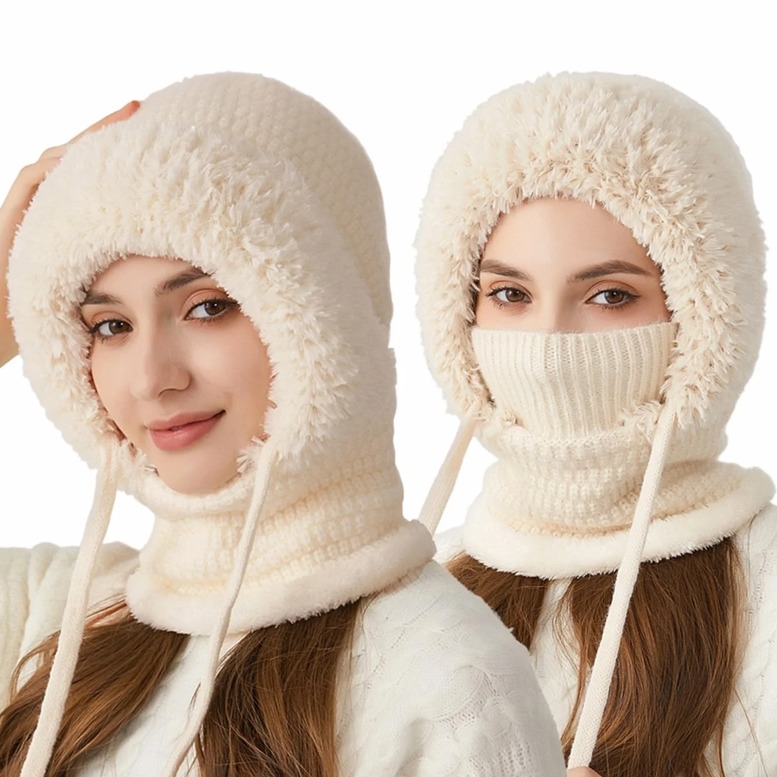 3 in 1 Beanie Hat with Scarf and Mask for Women, Warm Knitted Winter Balaclava Hood for Skiing, Hiking