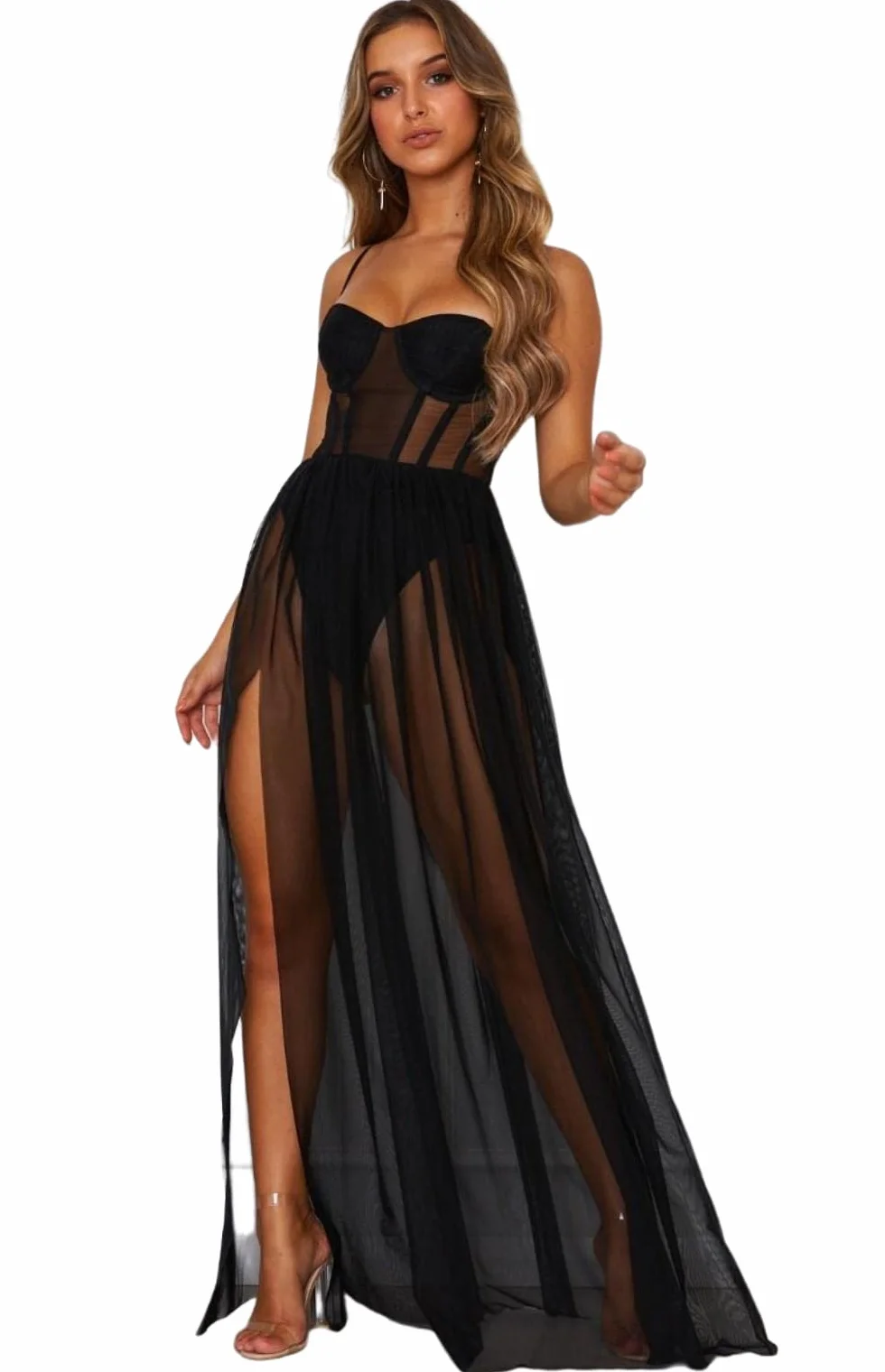 JFAN Kobiety Mesh Maxi Sukienka Sheer Seksowna Bielizna Bez Rękawów Maxi Sukienka Prom Królowa Długa Sukienka