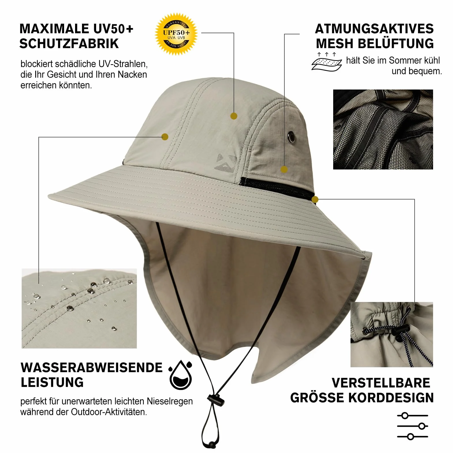 TOP-EX XL/XXL wodoszczelny kapelusz przeciwsłoneczny, męski, szerokie rondo, ochrona przed słońcem, czapka outdoorowa, trekkingowa, z ochroną karku, na lato, składana