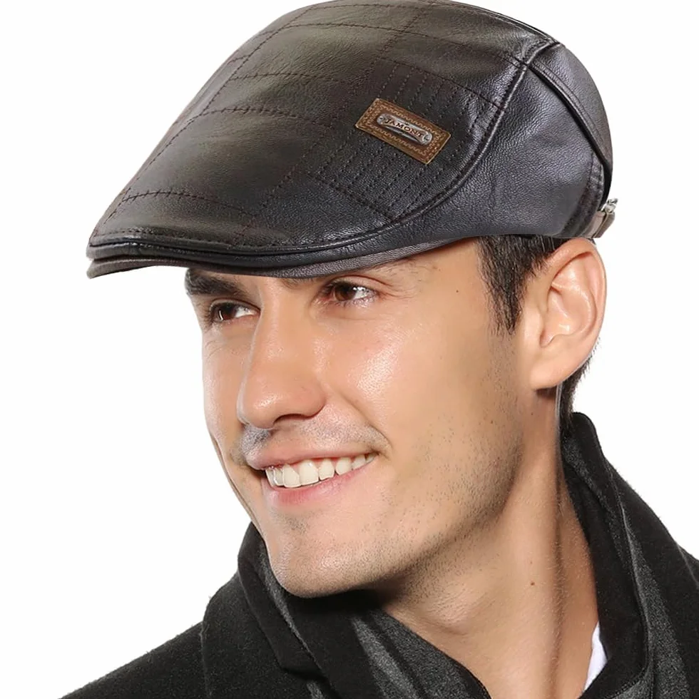 JFAN Męska czapka ze skóry PU płaska czapka gazeciarz czapki kaczy dziób Scally Beret czapka regulowana czapka taksówkarza