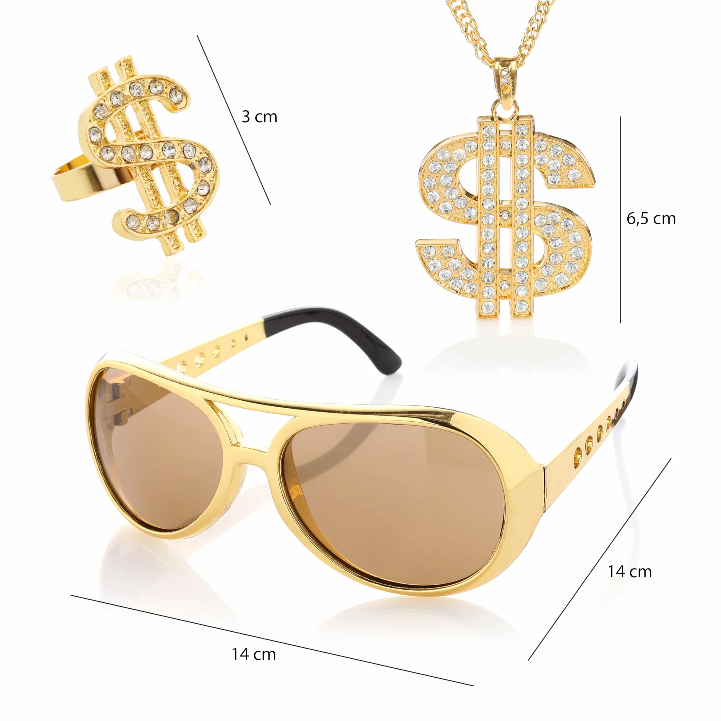 Dollar Accessoires zestaw 3 szt. - męskie akcesoria gangsterskie w stylu hip-hopowym - okulary, pierścionki i okulary przeciwsłoneczne na karnawał lub karnawał