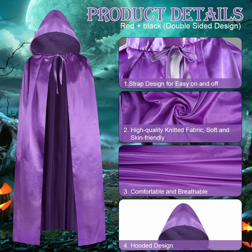 Aomig Czarna peleryna z kapturem na Halloween dla dorosłych, długa peleryna z kapturem, czarownica, akcesoria do cosplay, tajemniczy czarodziej, bajkowy, fantazyjny kostium, Halloween, maskarada