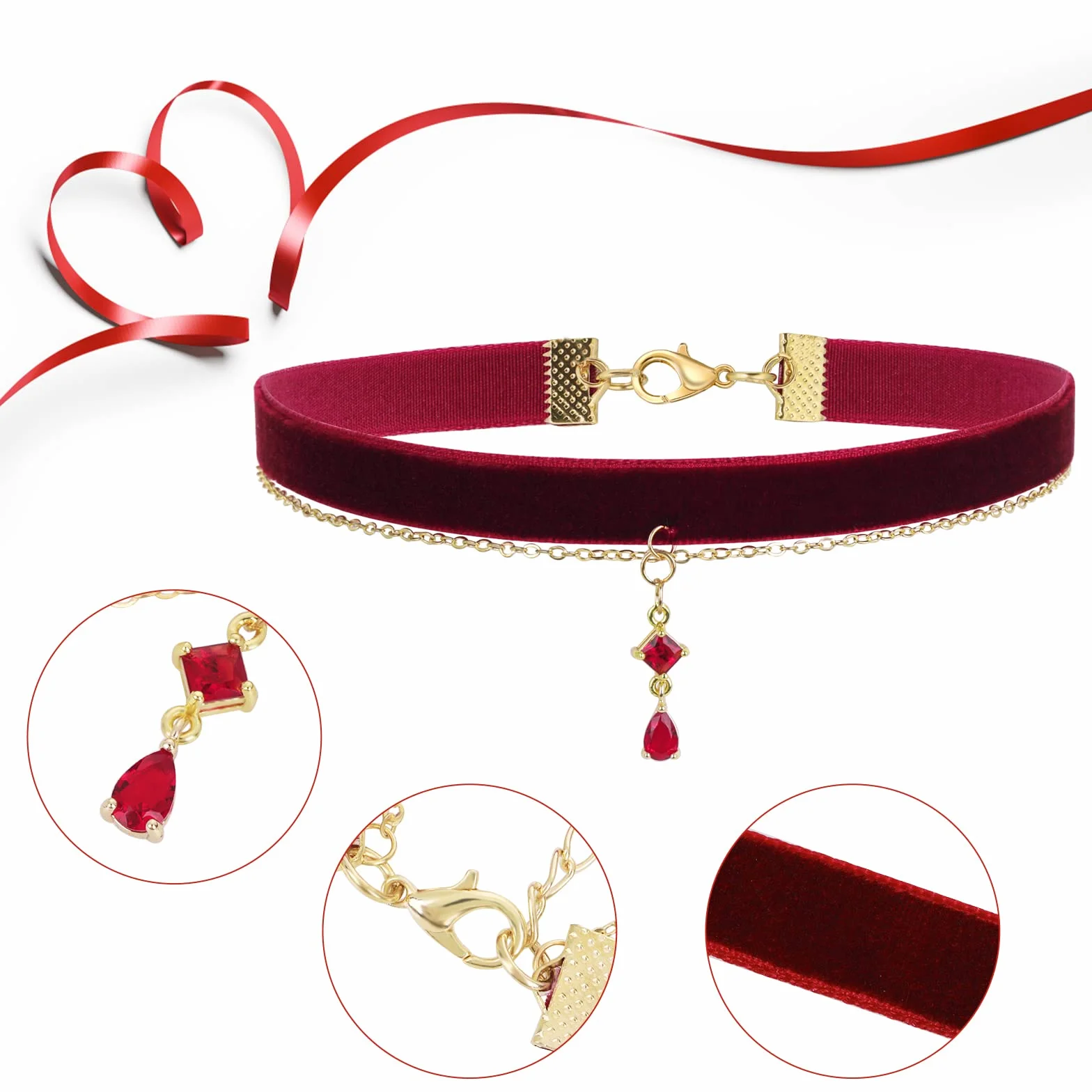 Czerwony aksamitny choker, naszyjnik dla kobiet, gotycki, w stylu vintage, wiktoriański, biżuteria, prezent, dla panny młodej, w stylu wampirzycy, akcesoria dla kobiet, Bez kamieni szlachetnych