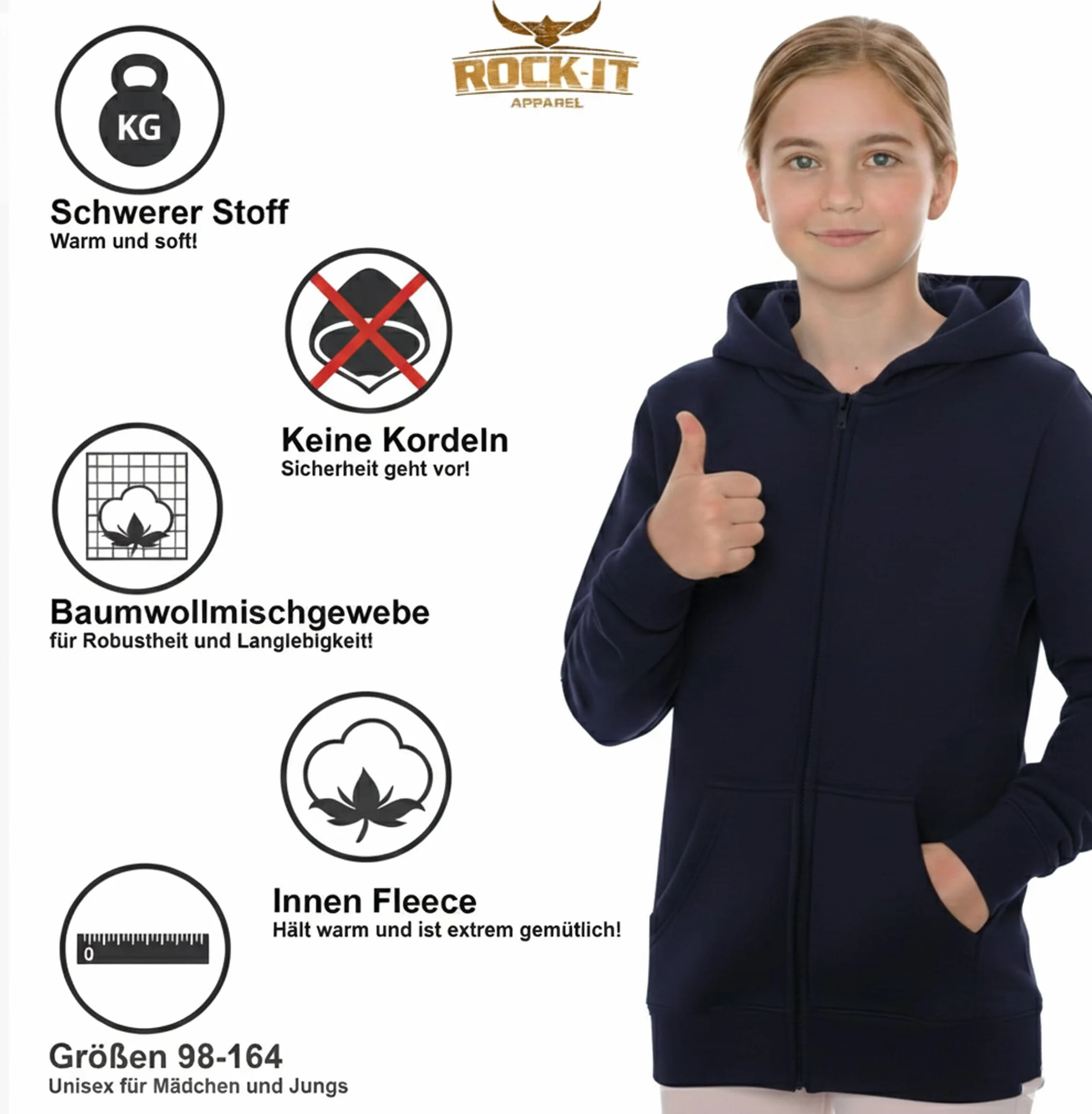 ROCK-IT Apparel dziecięca kurtka z kapturem i zamkiem błyskawicznym, bluza, sweter, rozmiary 98-164, unisex, miękka i wytrzymała tkanina premium