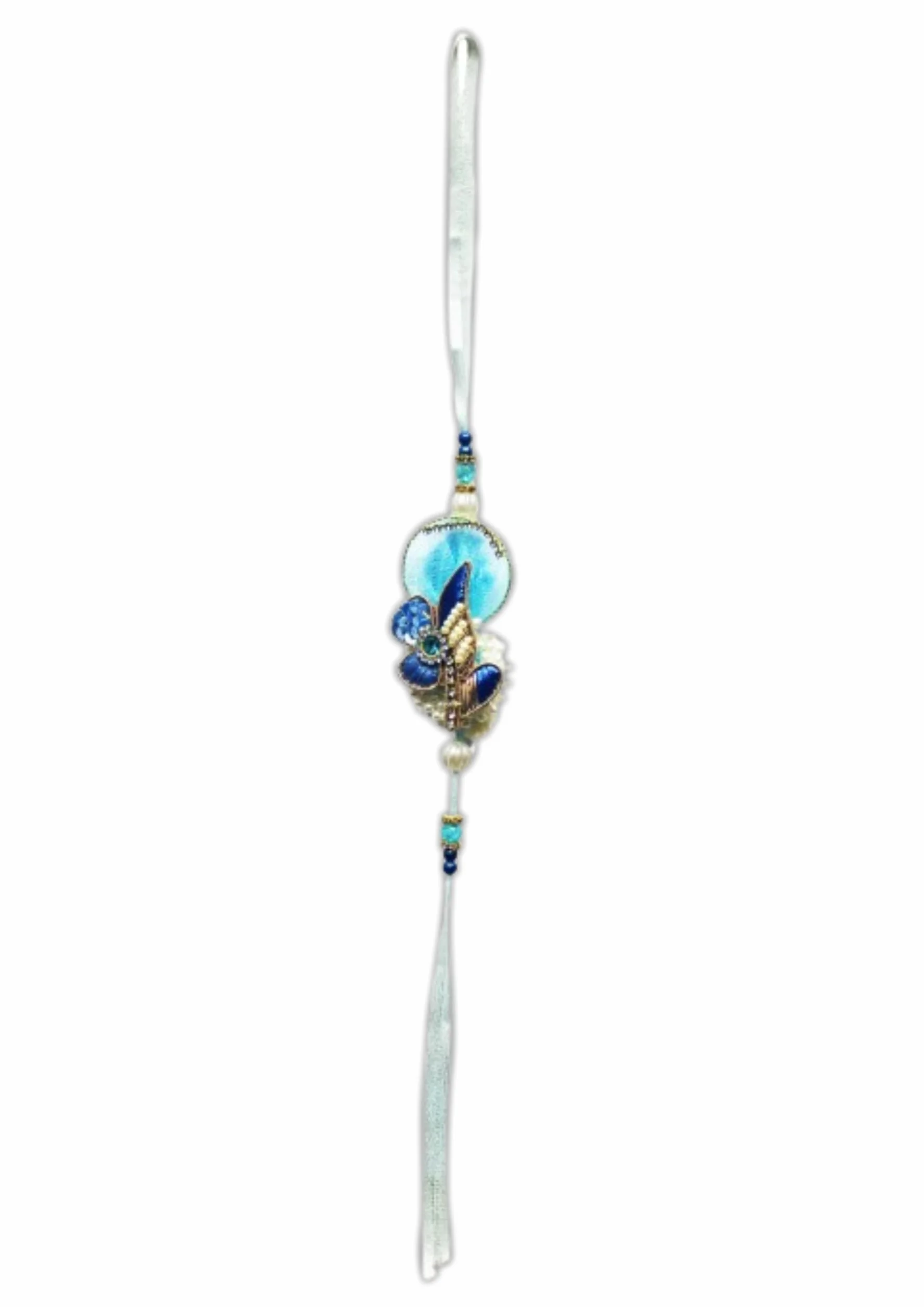 Home Genie Designer Floral Rakhi for Brother – Satin Ribbon Raksha Bandhan Bracelet with Blue Beads, Pearls & Elegant Embroidery – Premium Decorative Rakhi