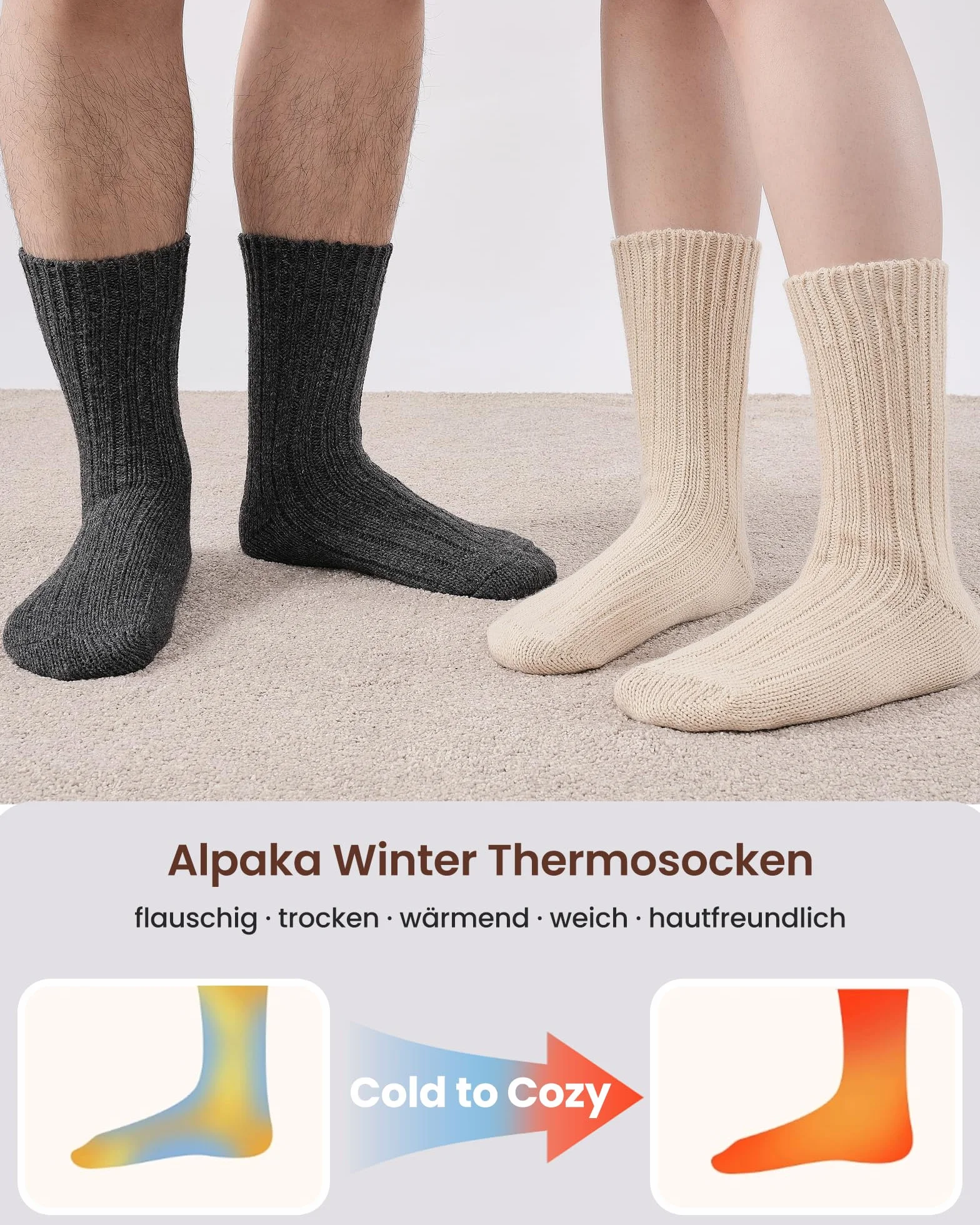 SockWaddles–4 Pary Skarpetek z Alpaki, Uniwersalne, Przepuszczalne, Ciepłe i Grube, Ekstremalnie Ciepłe Skarpetki Zimowe, z Alpaką Wełną,Rozmiar 39-42 43-46