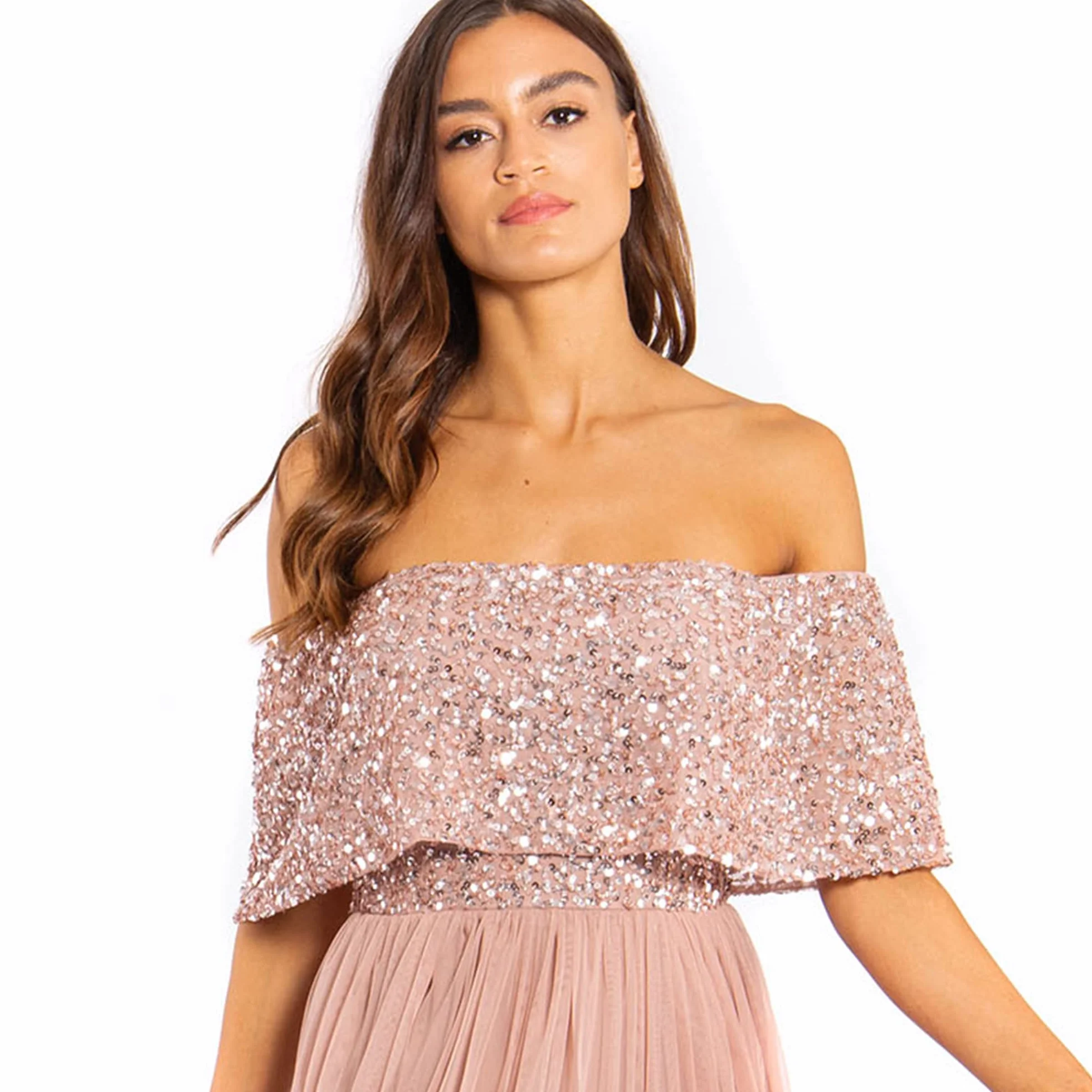 Maya Deluxe Miękka szara sukienka bardot Embellished Maxi dla druhny, kobiety
