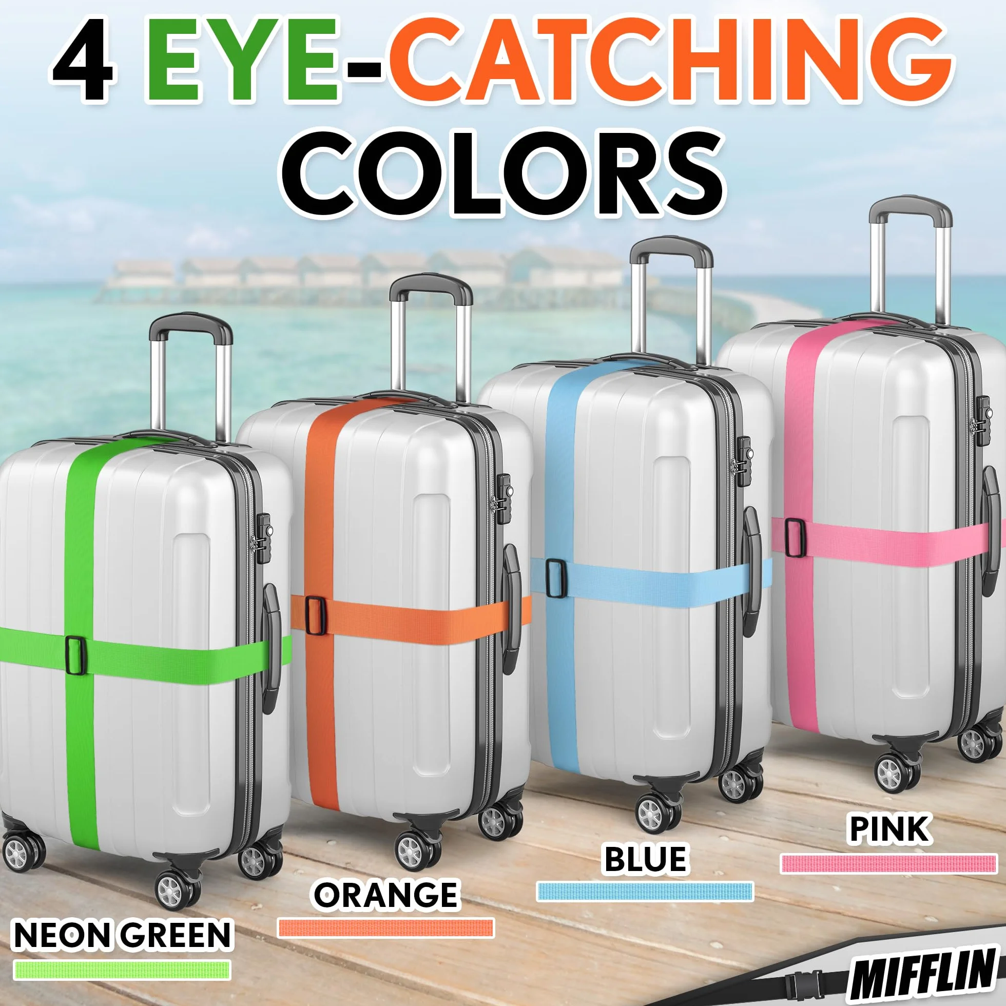 Luggage Straps - Mixed Color, 2m Long, 5cm Wide, 4 Pack - Adjustable Nylon Belt for Travel Suitcases & Bags - by Mifflin