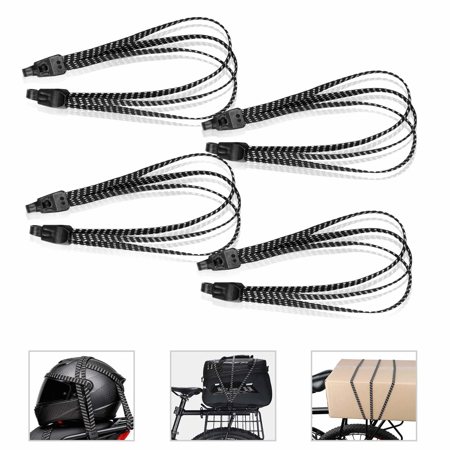 OSDUE 4 sztuki napinaczy bagażu, 65 cm + 75 cm, pas mocujący do roweru, elastyczny ekspander z hakiem 3 w 1, pasek do bagażu, roweru, regulowany do jazdy na rowerze, motocyklu, do mocowania kasku